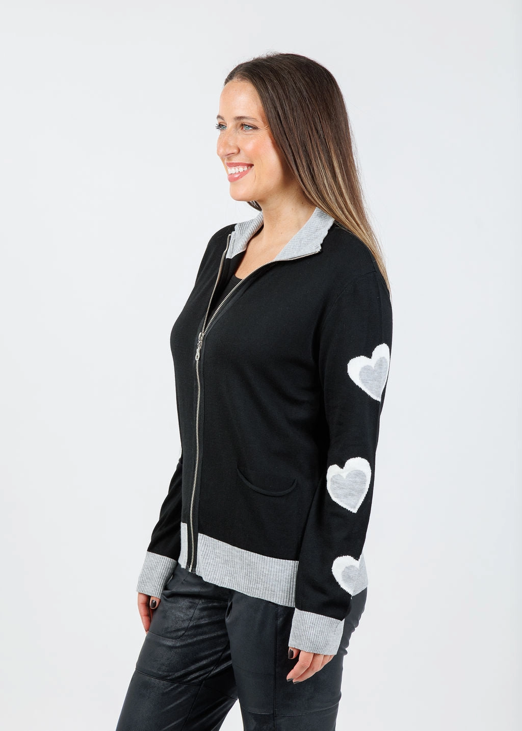 Mabel Heart Sleeve Zip-Up Jacket - Black Multi Recycled Material Blend Stylish Knit Layer