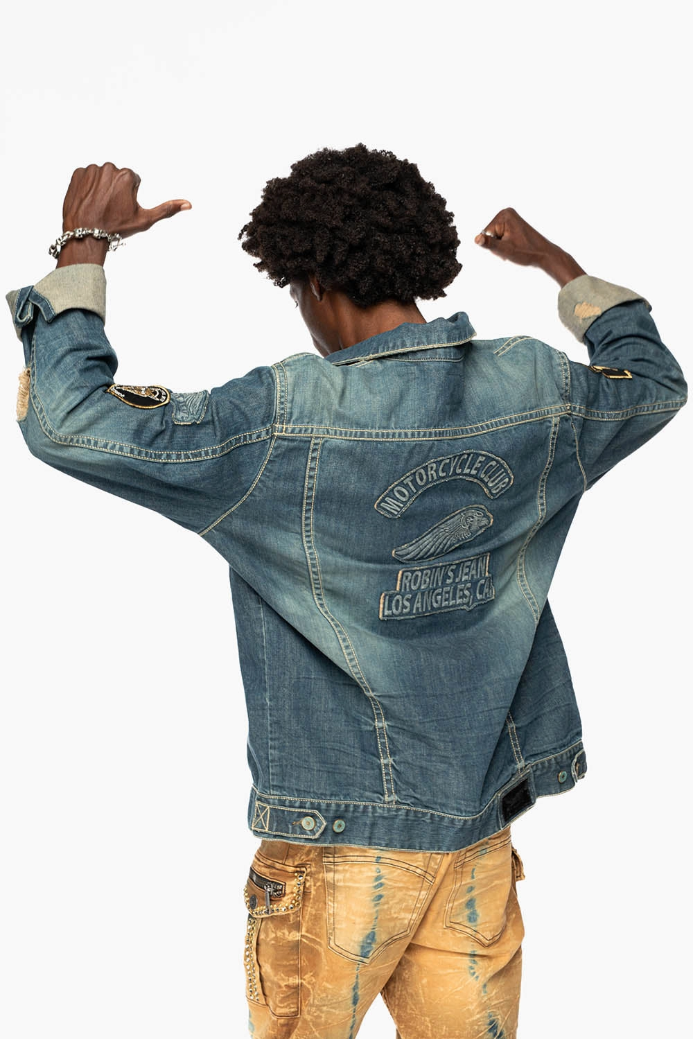ROBINS MOTORCYCLE CLUB DENIM JACKET IN SMOKY BLUE BROKEN WASH WITH MULTIPLE  PATCHES Mid Length Modular Attachment Points
