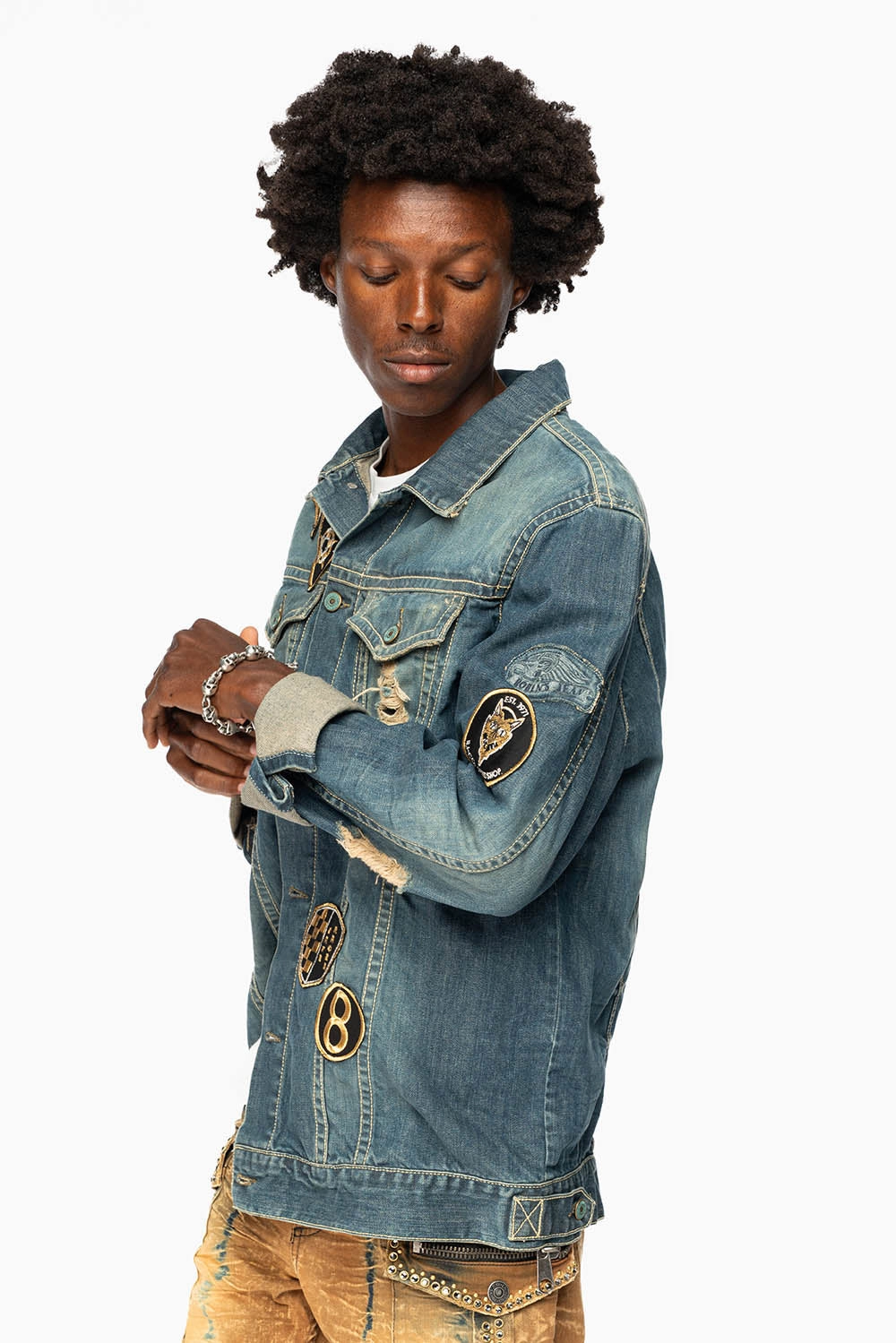 NonRestrictiveFit ROBINS MOTORCYCLE CLUB DENIM JACKET IN SMOKY BLUE BROKEN WASH WITH MULTIPLE  PATCHES