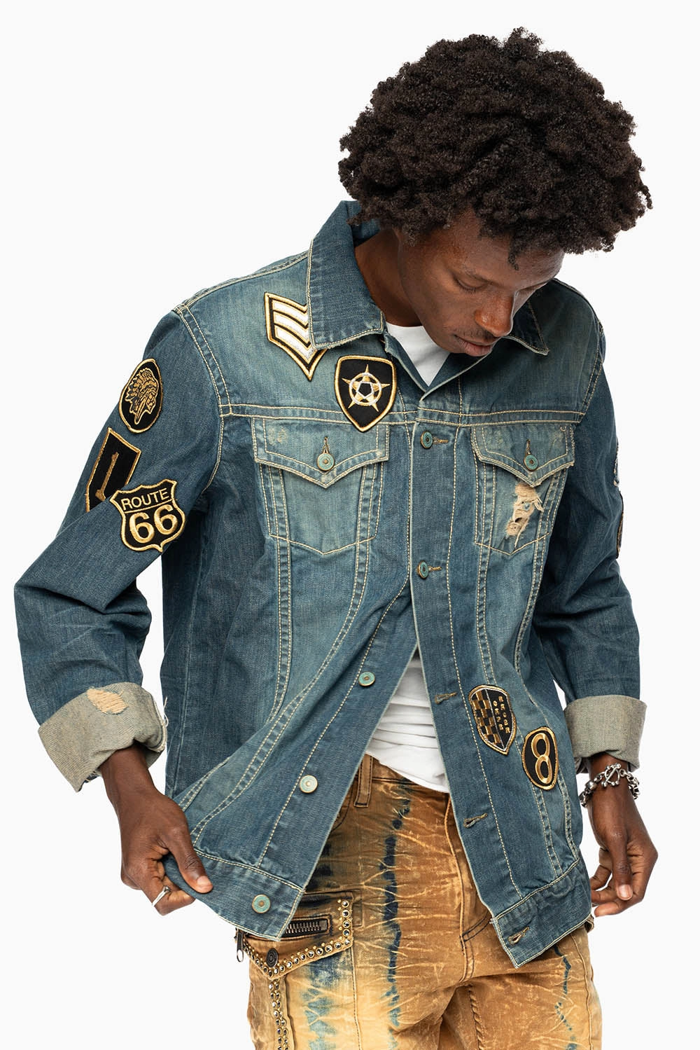 ROBINS MOTORCYCLE CLUB DENIM JACKET IN SMOKY BLUE BROKEN WASH WITH MULTIPLE  PATCHES Gloss Free Texture Snag Free Surface
