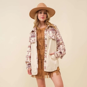 Double Stitch Seams Minimalist Pocket Layout Main Strip Ivory Aztec Shacket