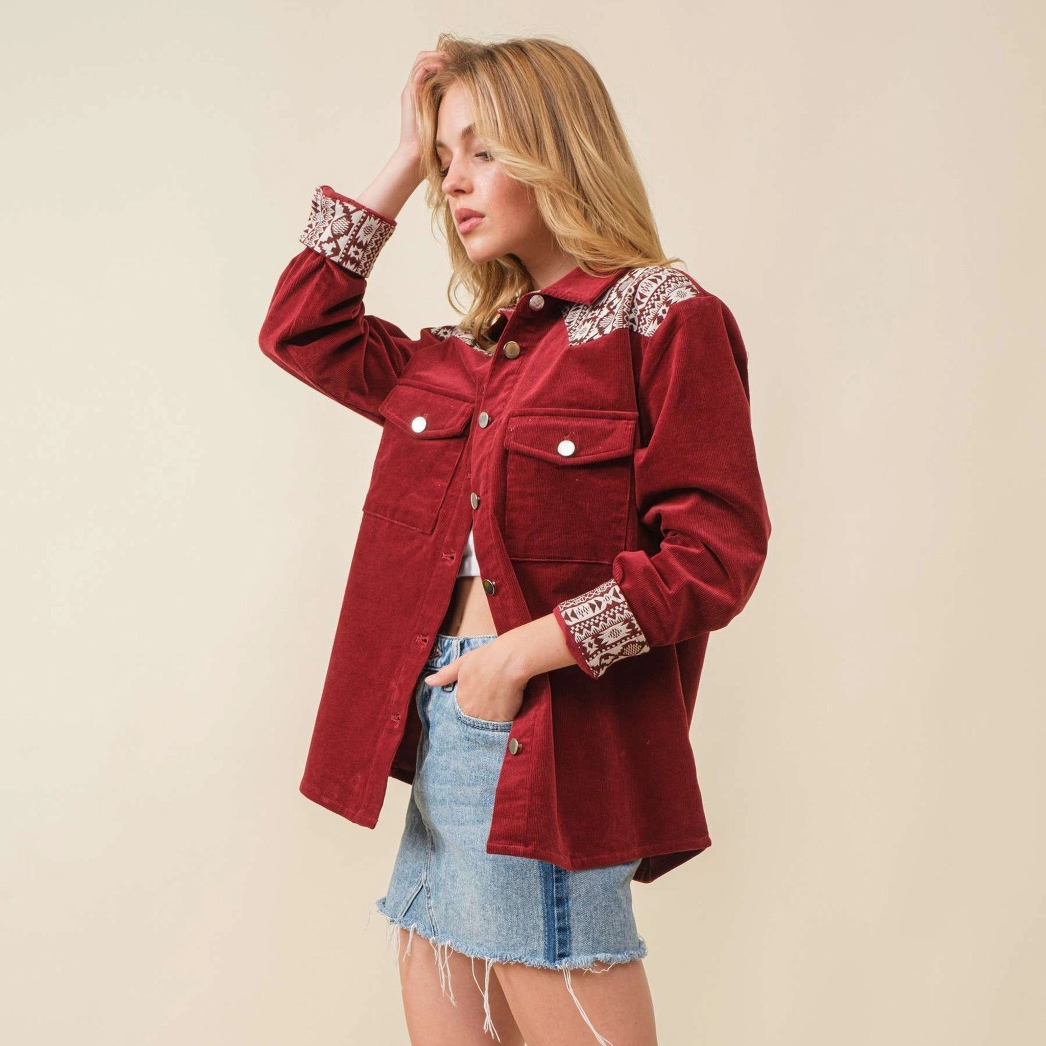 Eco Dye Process Main Strip Women's Maroon Aztec Corduroy Shacket