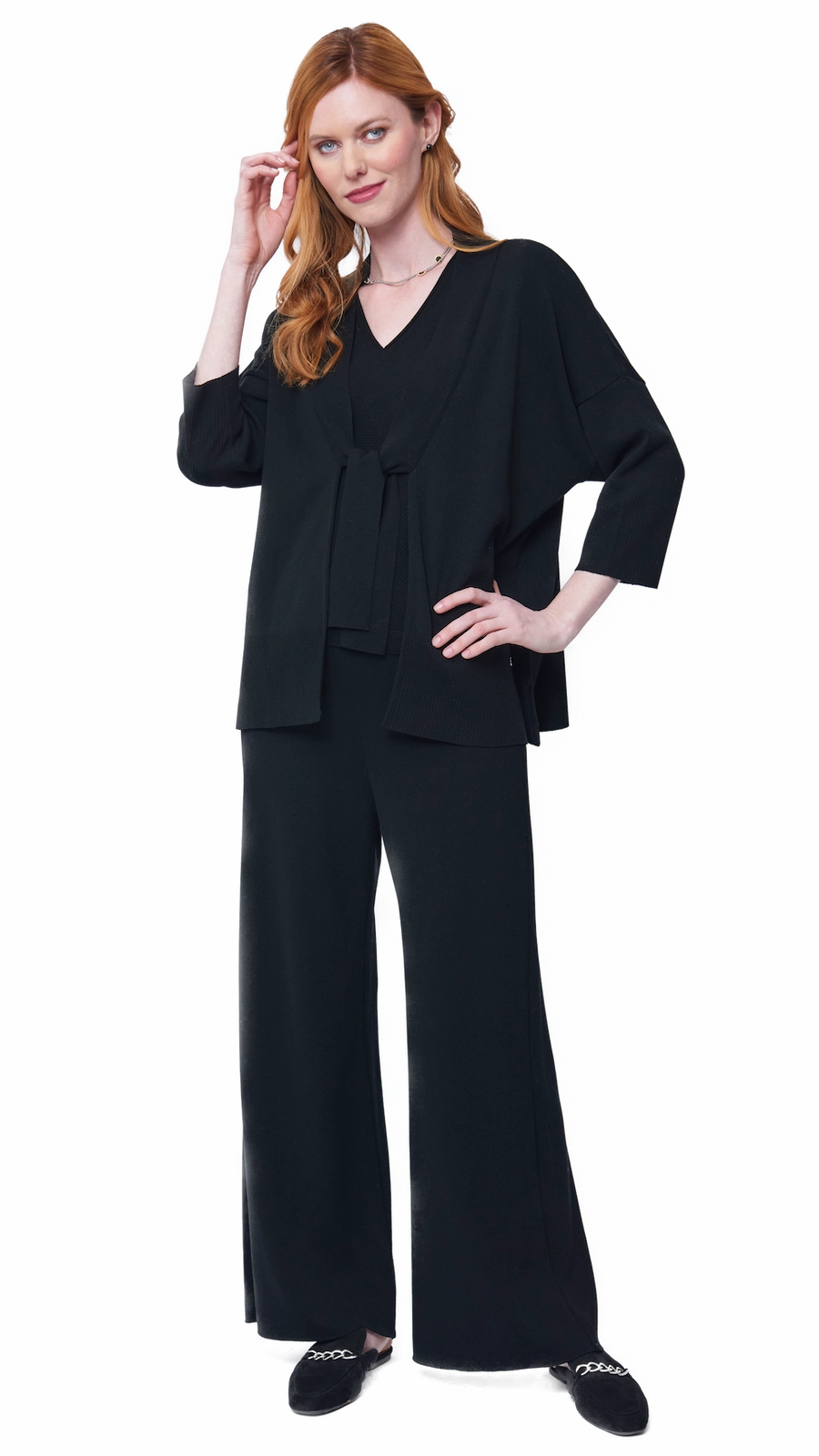 Light Flex Fit Malia Three-Quarter Sleeved Front-Tie Cardigan; Black