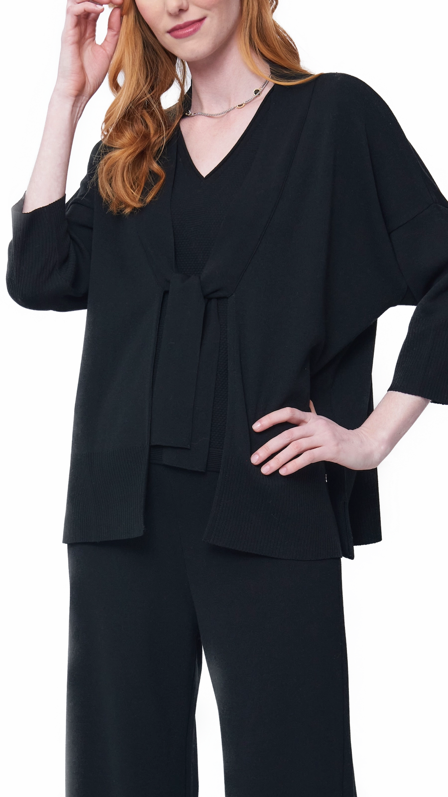 Effortless Comfort Wear Dynamic Ventilation Panels Malia Three-Quarter Sleeved Front-Tie Cardigan; Black