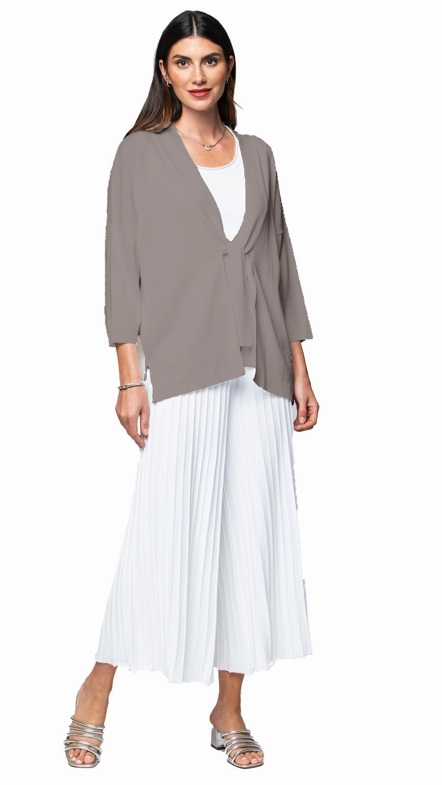Malia Three-Quarter Sleeved Front-Tie Cardigan; Taupe Warm & Soft Breathable Stretch