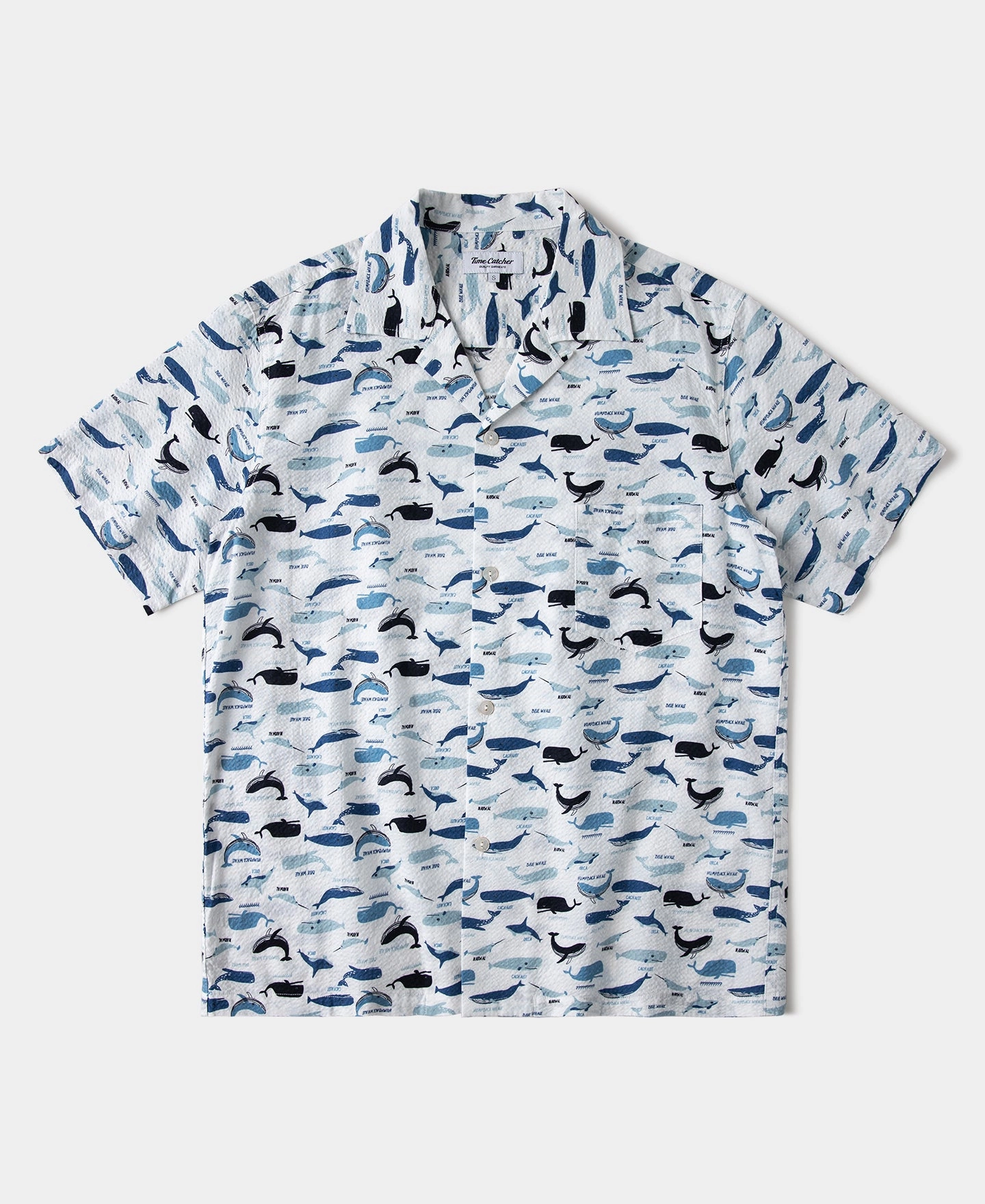 Marine Life Printed Seersucker Short Sleeve Camp Shirt - White Minimalist Aesthetic
