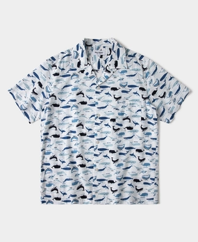 Marine Life Printed Seersucker Short Sleeve Camp Shirt - White Stretch Material Flexible Knit