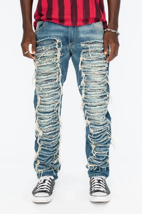 Relaxed Style Neutral MARLON RIPPED,BROKEN HAND REPAIRED DENIM JEANS IN  MANDAN BLUE WITH STUDS AND CRYSTALS