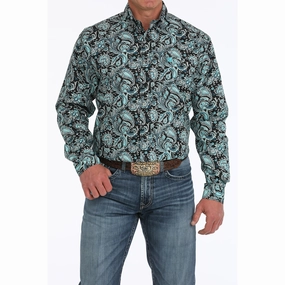 Quick Release Placket Cinch Mens Long Sleeve Turquoise Paisley Shirt