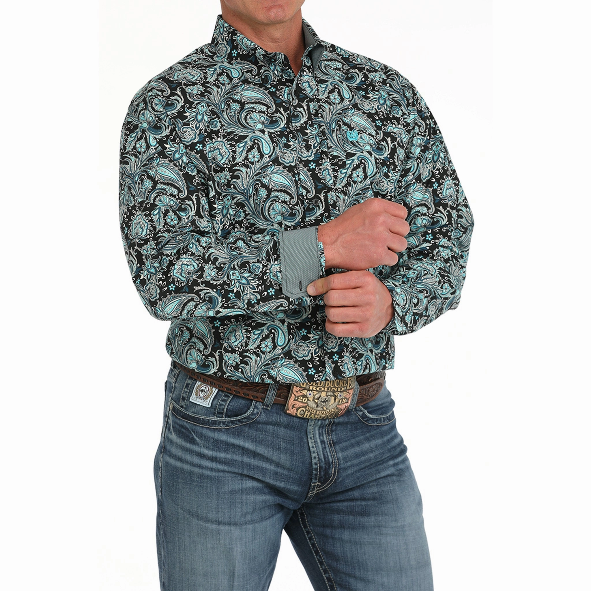 Sheer Panel Trendy Design Cinch Mens Long Sleeve Turquoise Paisley Shirt