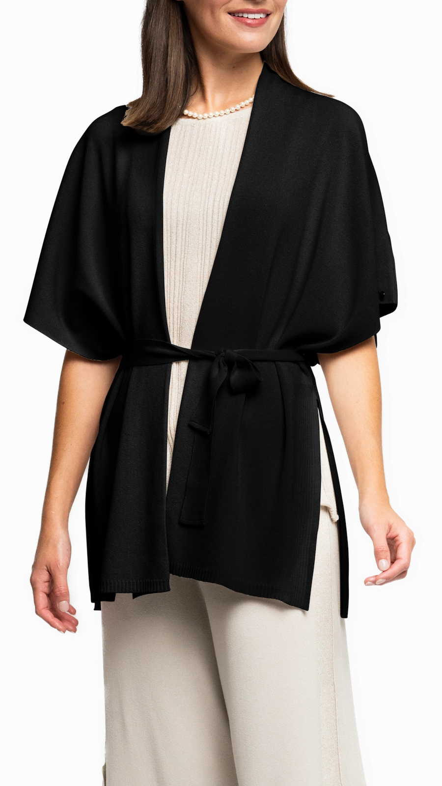 Relaxed Movement Fray Resistant Edges Melinda Belted Dropped Shoulder Cardigan; Black