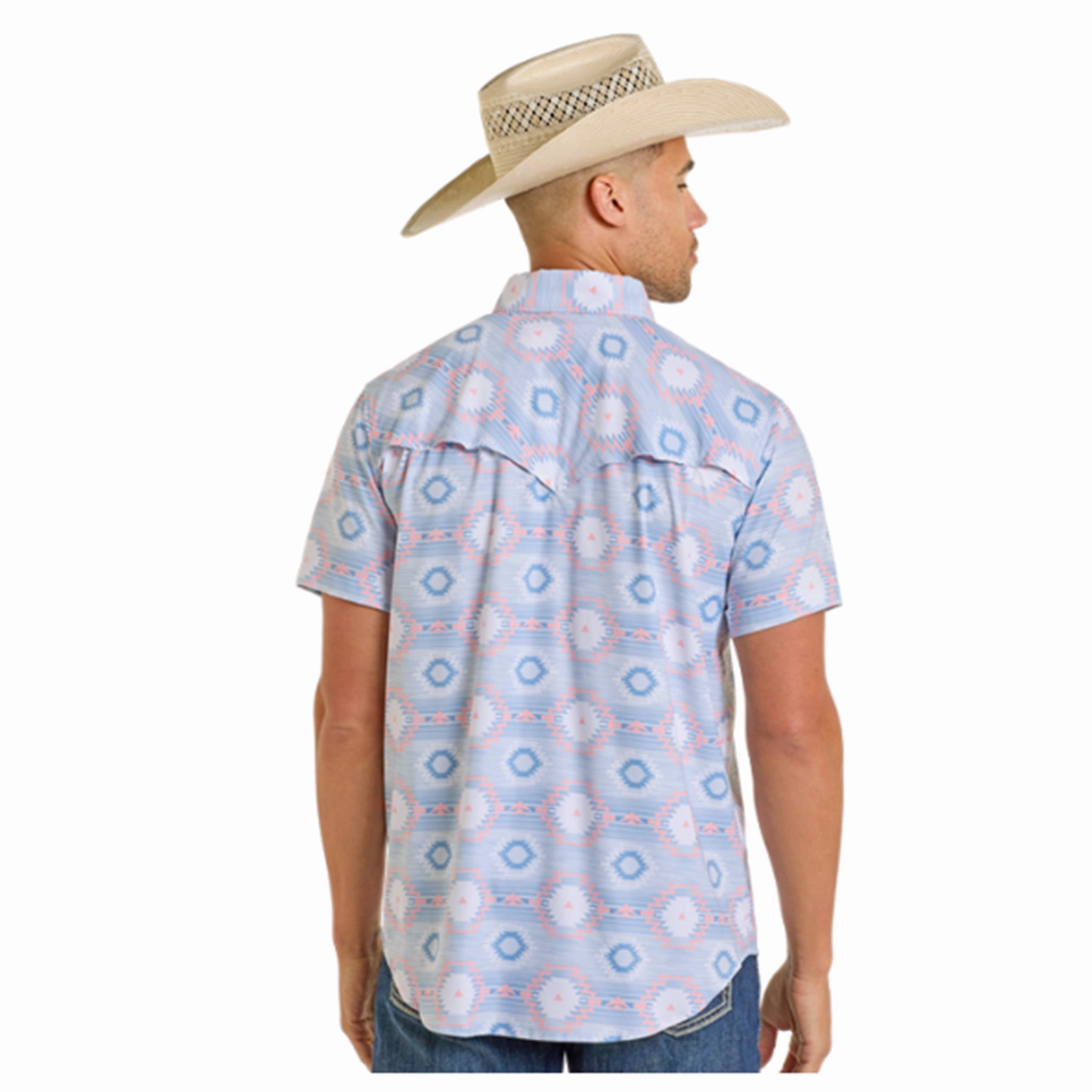 Lightweight Feel Odor Control Fabric Men's Blue and Coral Aztec Print Snap Shirt
