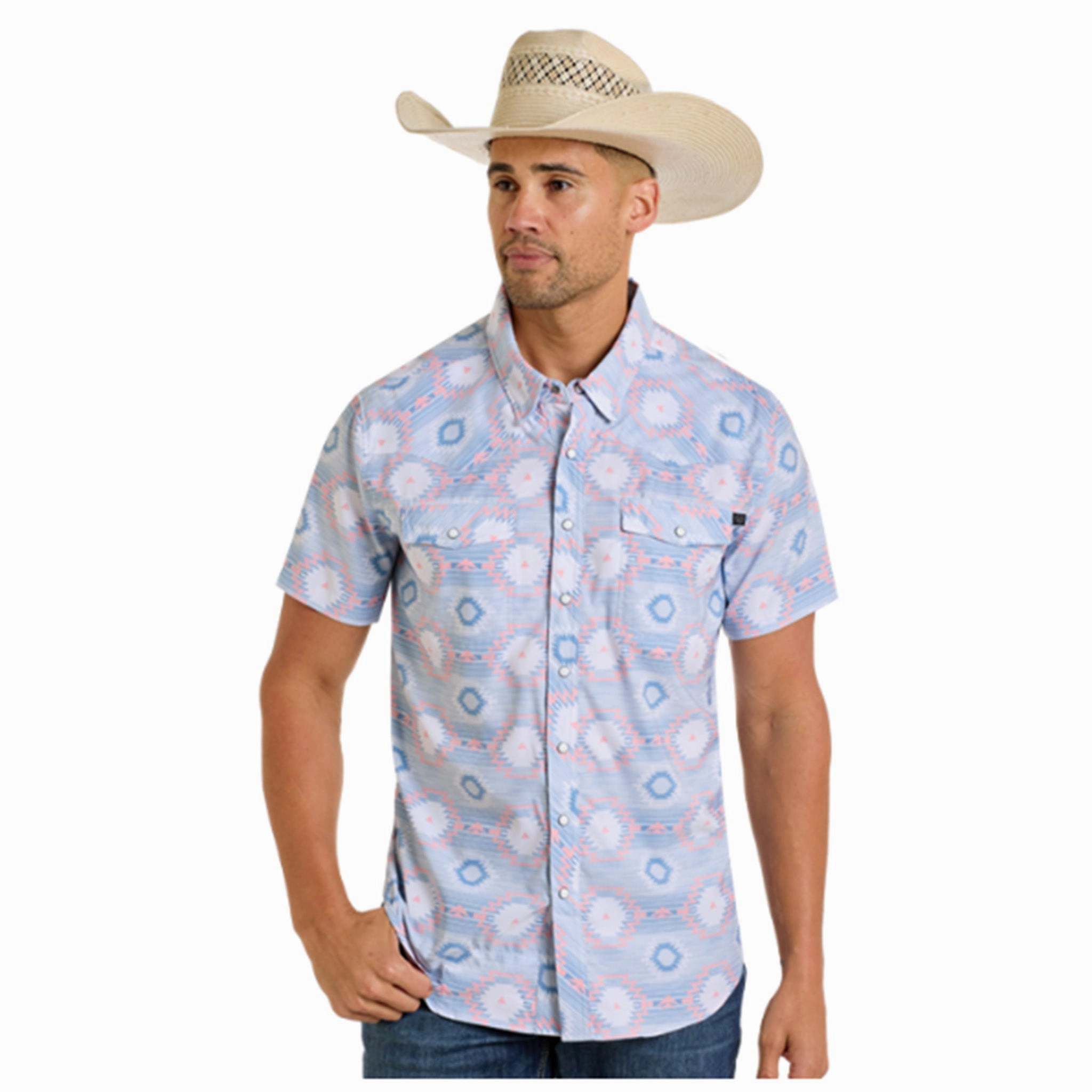Men's Blue and Coral Aztec Print Snap Shirt birthday party Static Dissipating Fiber