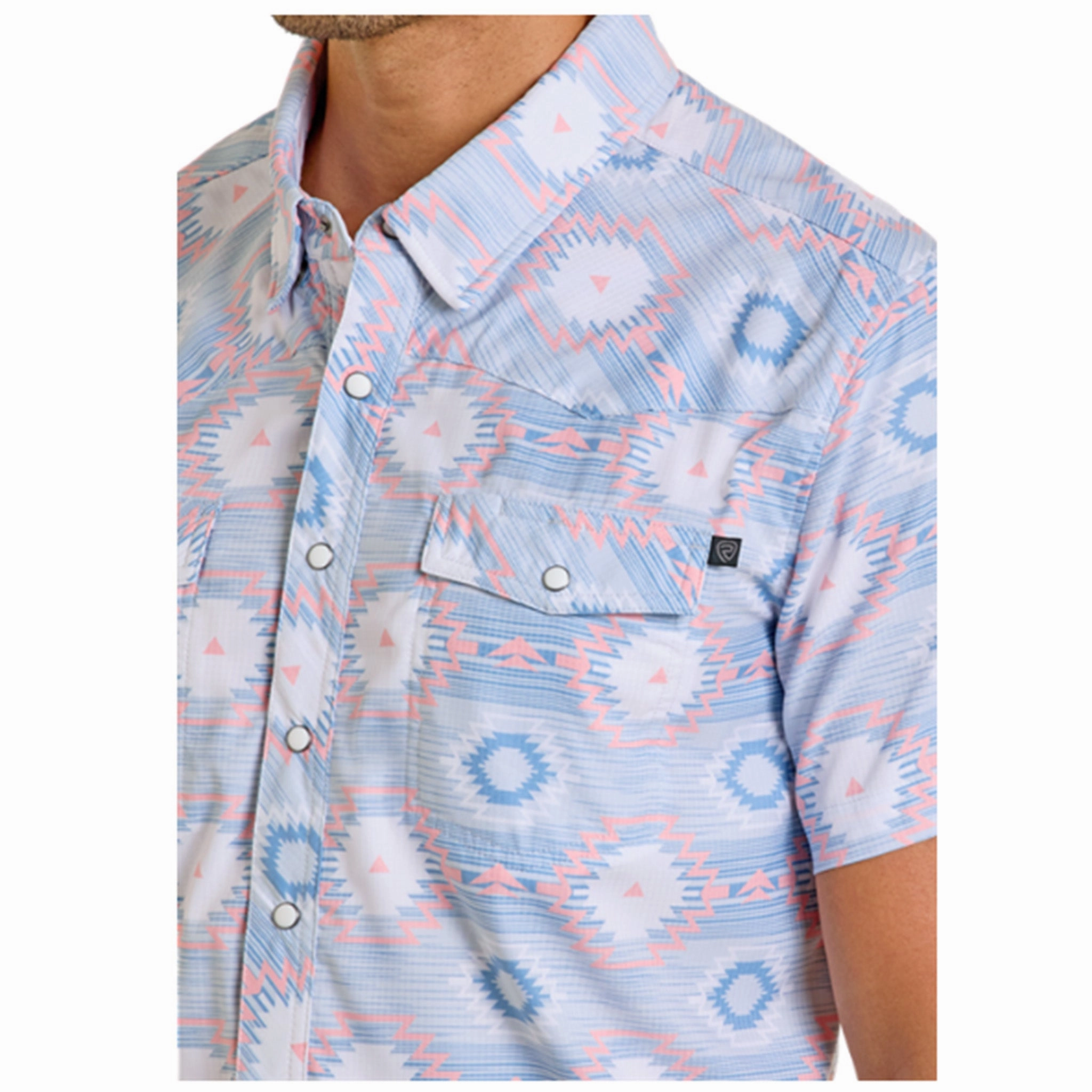 Men's Blue and Coral Aztec Print Snap Shirt Classic Fit