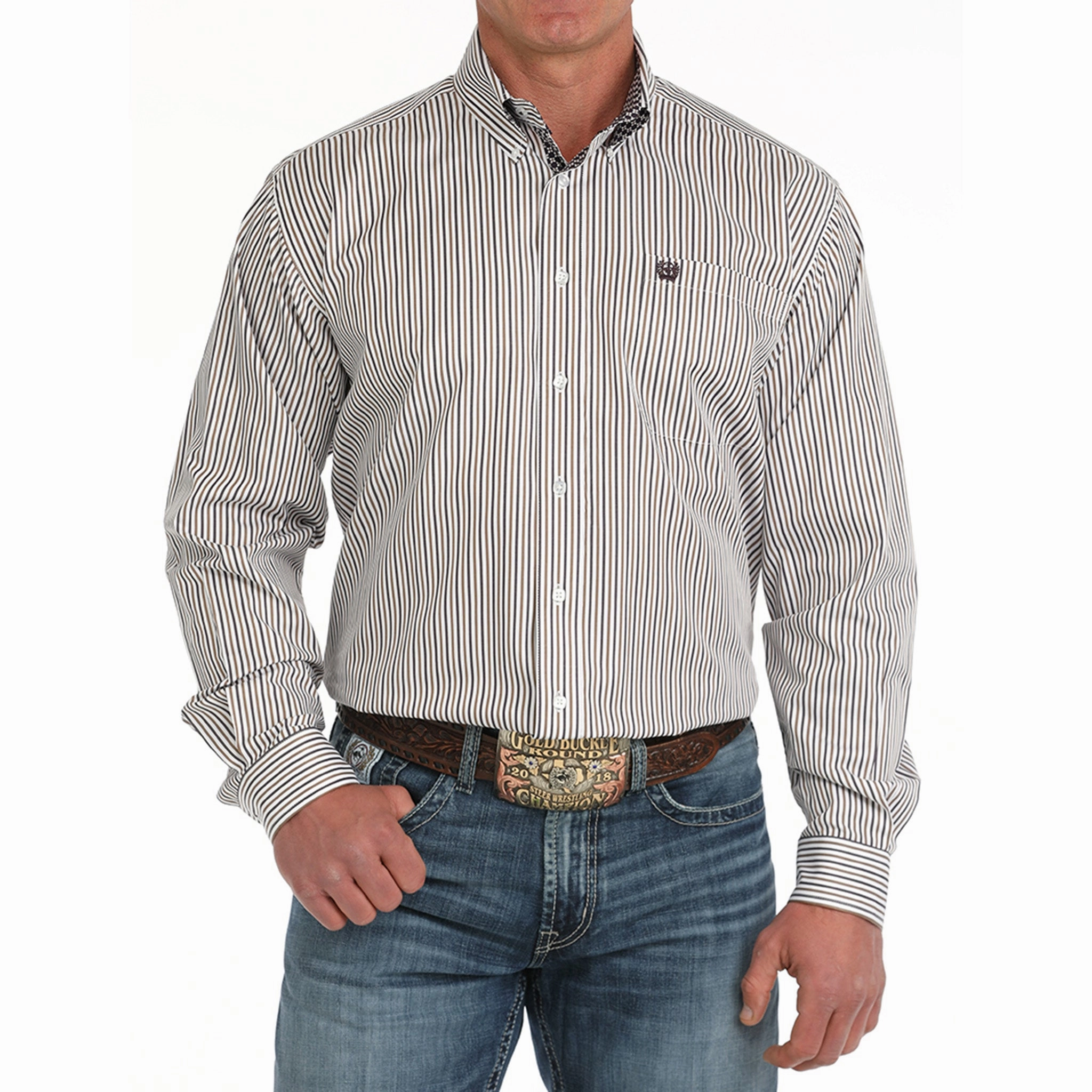 Lightweight texture Flexible Placket Structure Men's Cinch White Striped Shirt