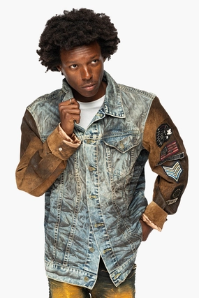 MEN??S  DENIM/LEATHER JACKET IN D WASH BROWN WITH PATCHES MoistureWicking Technology Modern Fit
