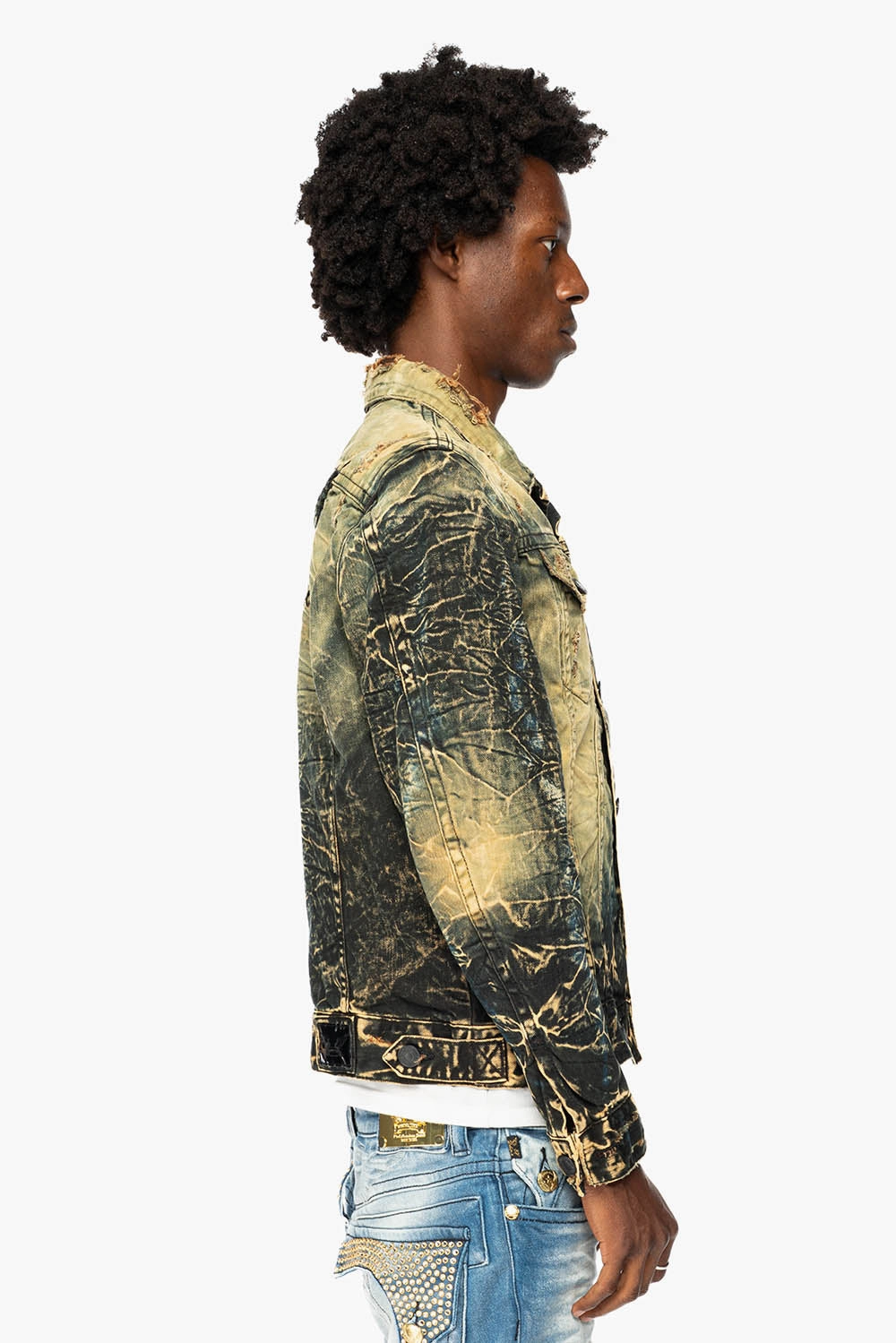 Noise Free Movement Flexible Fiber Fill MENS DENIM JACKET IN LIGHT YELLOW 4D DARK PERU  WASH WITH BLACK WINGS