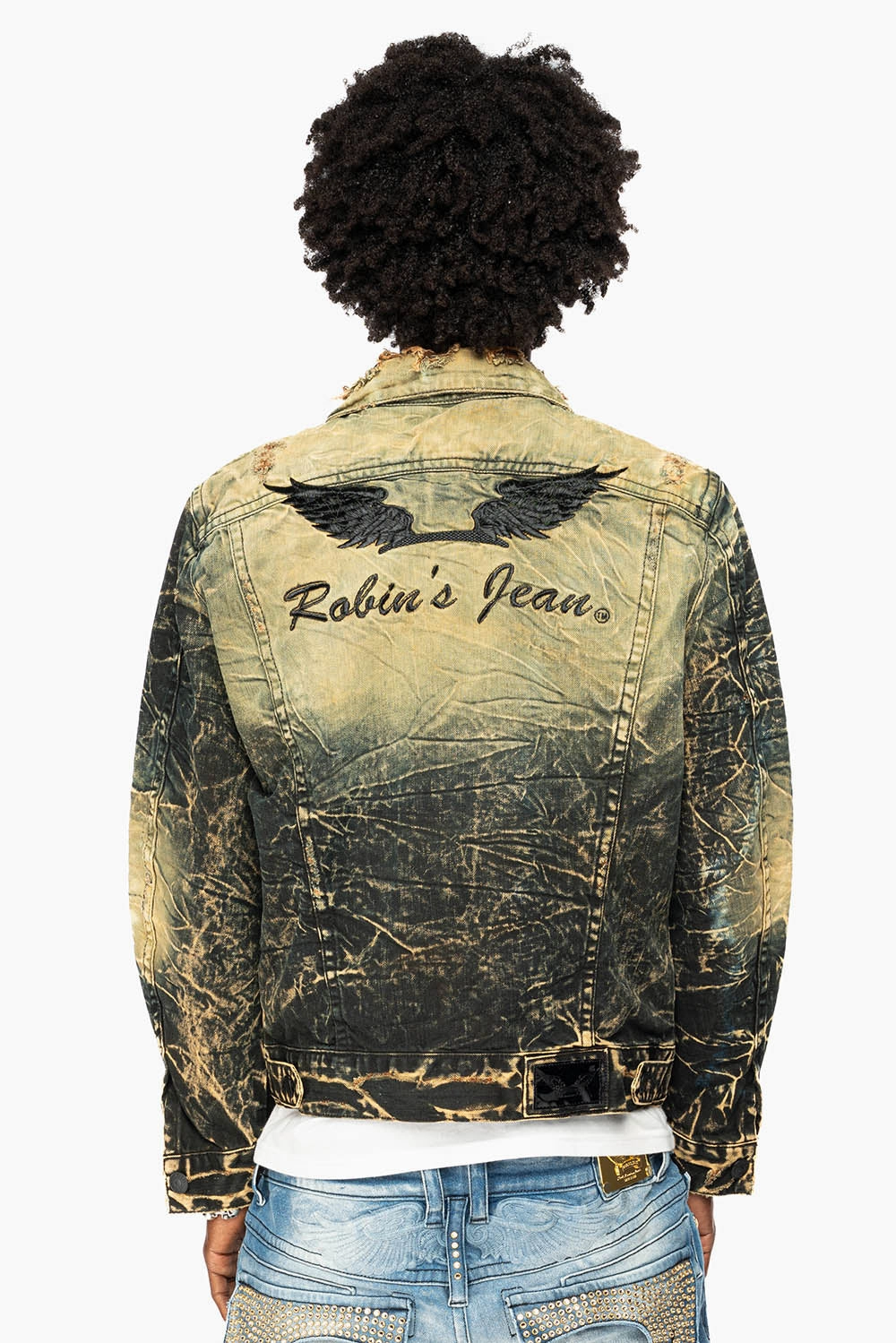 MENS DENIM JACKET IN LIGHT YELLOW 4D DARK PERU  WASH WITH BLACK WINGS Magnetic Closure Option Tailored Cut Style