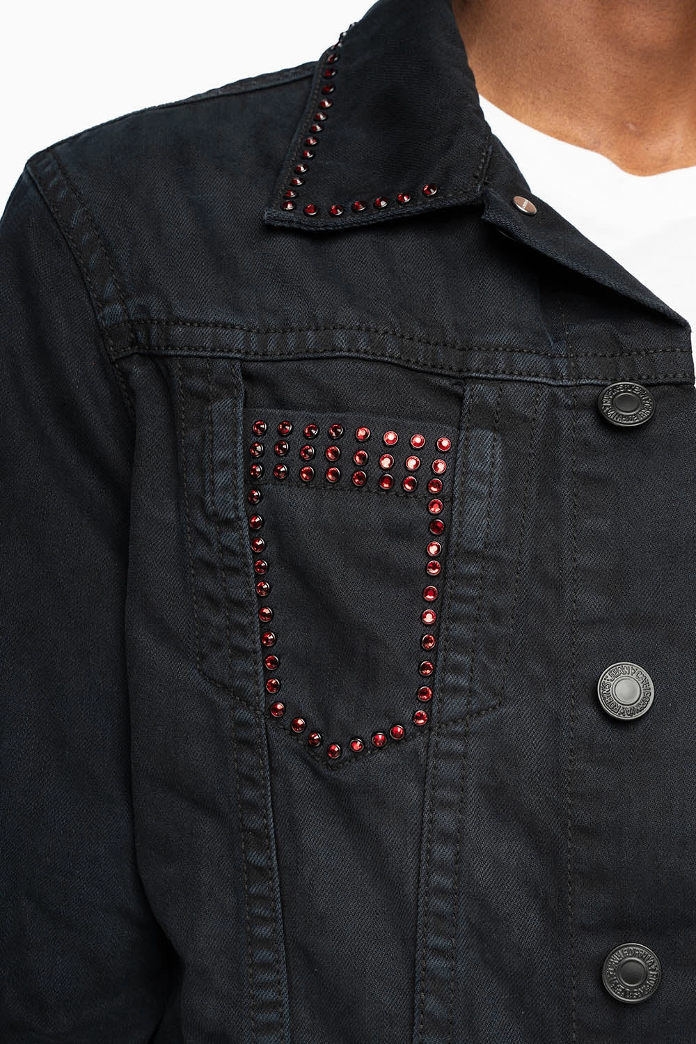 Durable Color Retention MENS DENIM JACKET IN PURE BLACK EMBELLISHED WITH RED CRYSTALS