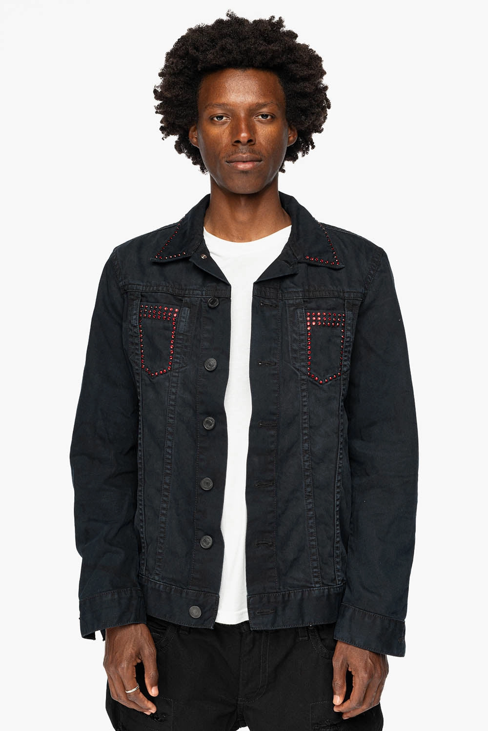 Fade Resistant Exterior MENS DENIM JACKET IN PURE BLACK EMBELLISHED WITH RED CRYSTALS