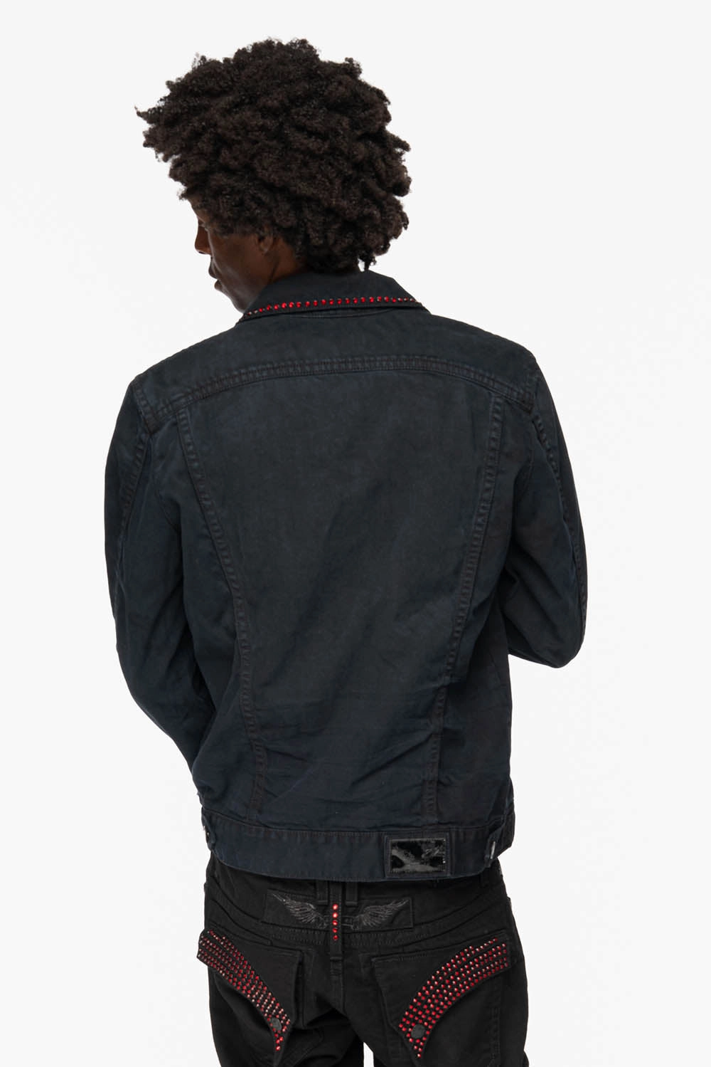 Heat Sealed Edges TemperatureRegulating MENS DENIM JACKET IN PURE BLACK EMBELLISHED WITH RED CRYSTALS