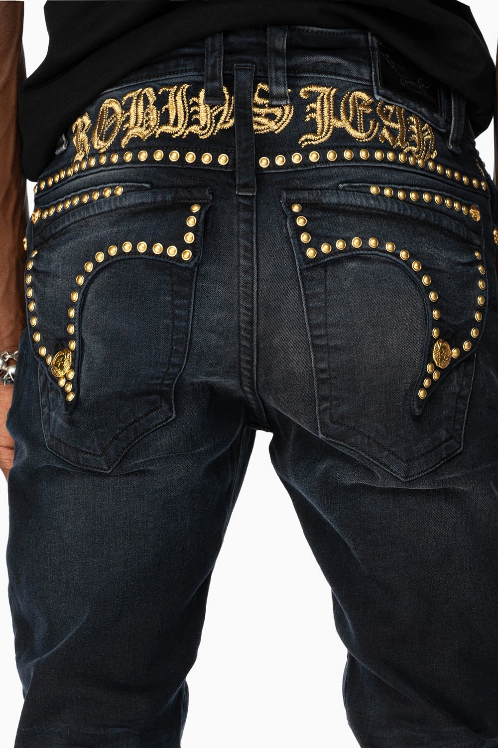MENS F-UP BLACK SLIM FIT KILLER FLAP JEANS WITH O.E. SCRIPT EMBELLISHED WITH GOLD NAILHEADS Vibrant Fashion Lover