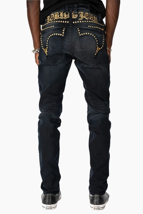 MENS F-UP BLACK SLIM FIT KILLER FLAP JEANS WITH O.E. SCRIPT EMBELLISHED WITH GOLD NAILHEADS Comfortable Waist Stretch Road Trip Brunch Outfit