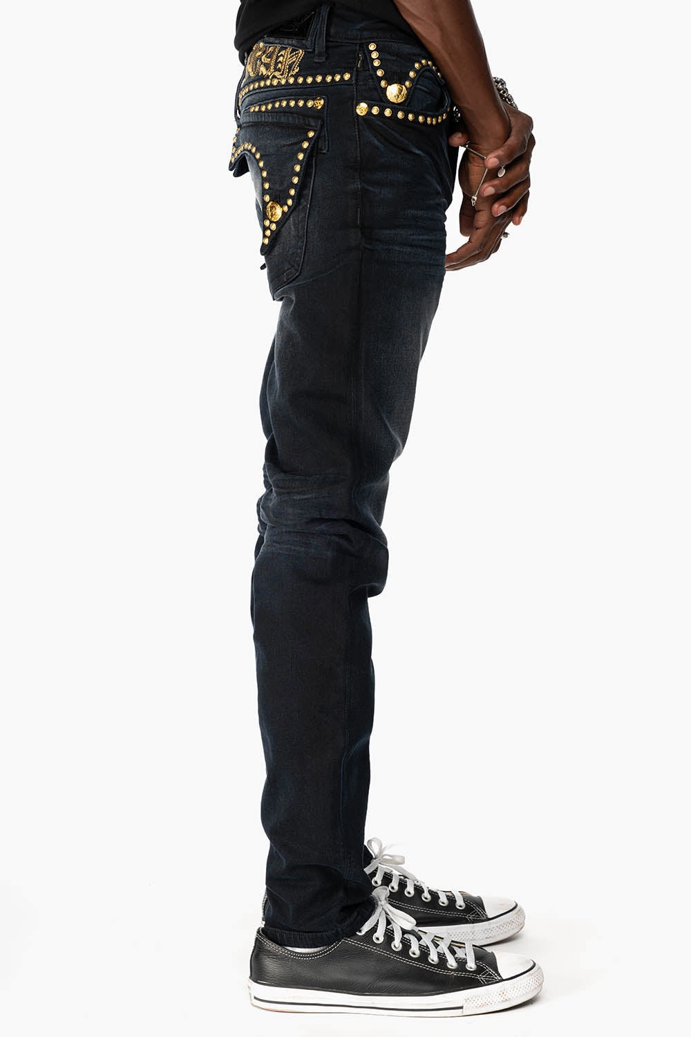 MENS F-UP BLACK SLIM FIT KILLER FLAP JEANS WITH O.E. SCRIPT EMBELLISHED WITH GOLD NAILHEADS Weekend Style Casual Parent Style Comfort waistband