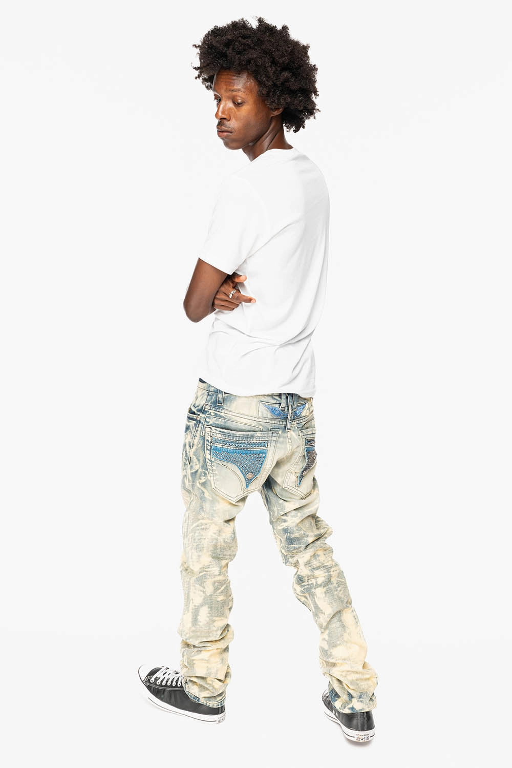 MENS FLAP POCKET SLIM JEANS IN NEW JAPAN LIGHT WASH WITH CRYSTALS Neat Look Comfy Streetwear Fan Music Event