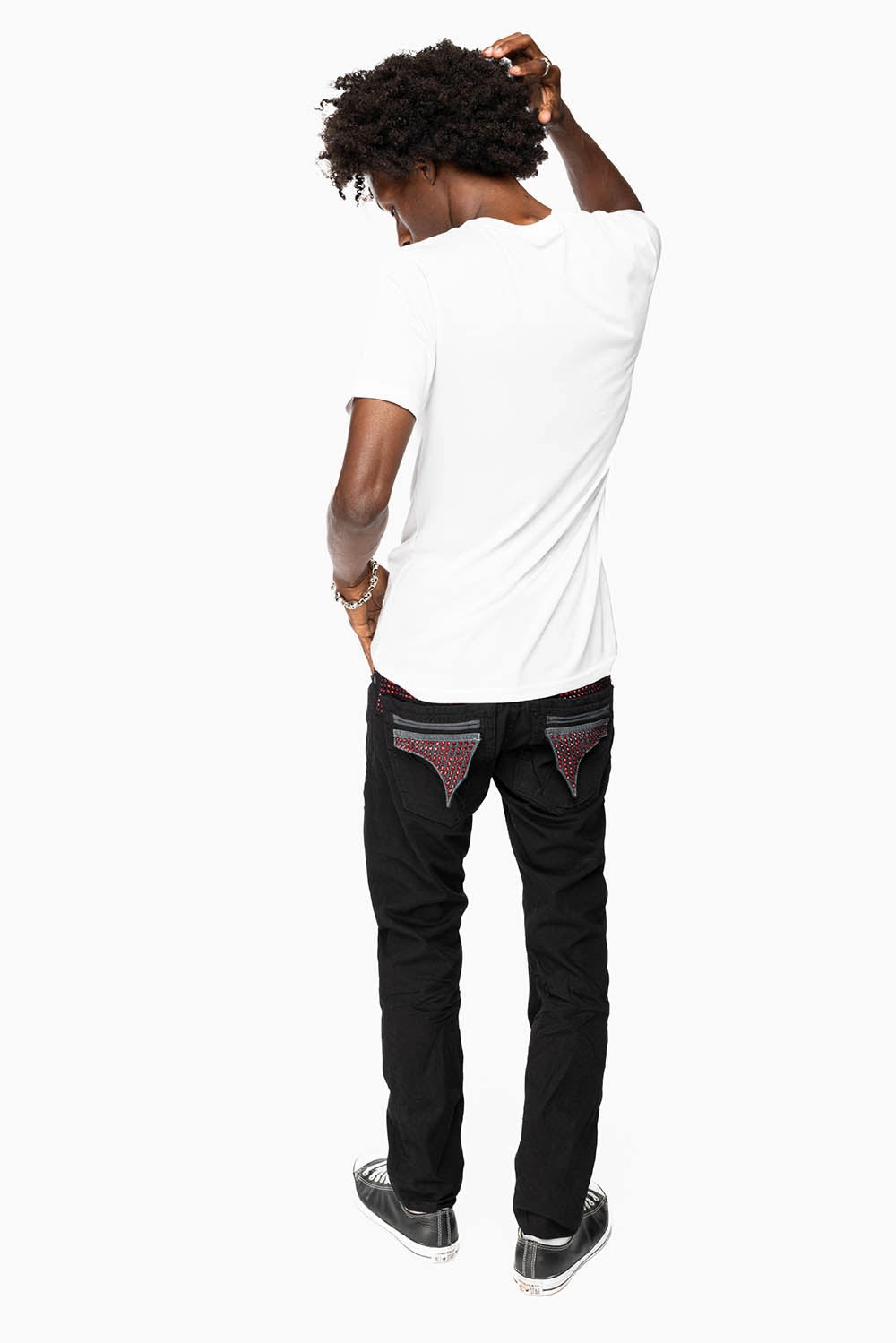 MENS LIMITED EDITION FLAP POCKET SLIM JEANS IN PURE BLK WASH WITH CRYSTALS Non Toxic Textile Certified