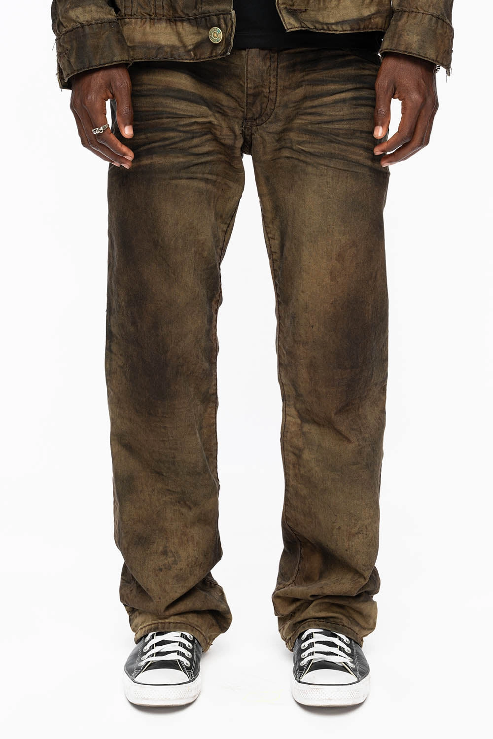 Anti Slip Waistband MENS LONG FLAP  BOOT CUT JEANS WITH CRYSTALS IN FASHION VINTAGE BROWN