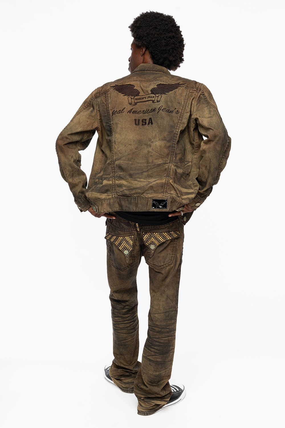 MENS LONG FLAP  BOOT CUT JEANS WITH CRYSTALS IN FASHION VINTAGE BROWN Casual Vibe Teen Outfit Night Out Party Look