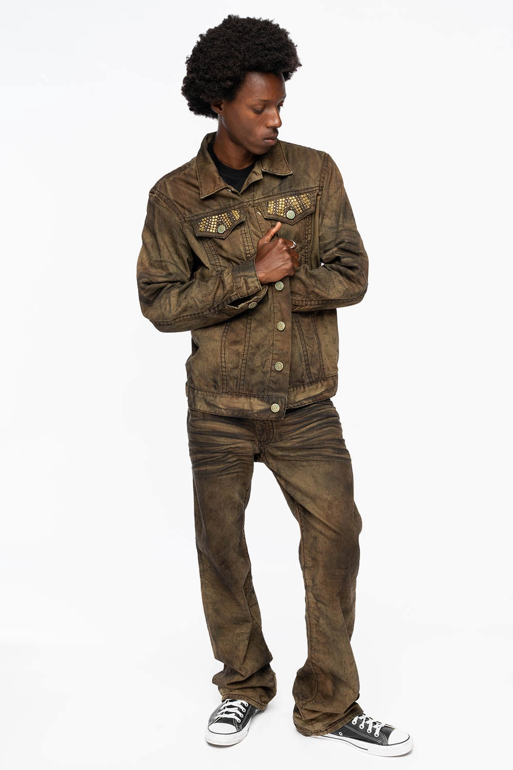 Perfect Fit Design MENS LONG FLAP  BOOT CUT JEANS WITH CRYSTALS IN FASHION VINTAGE BROWN