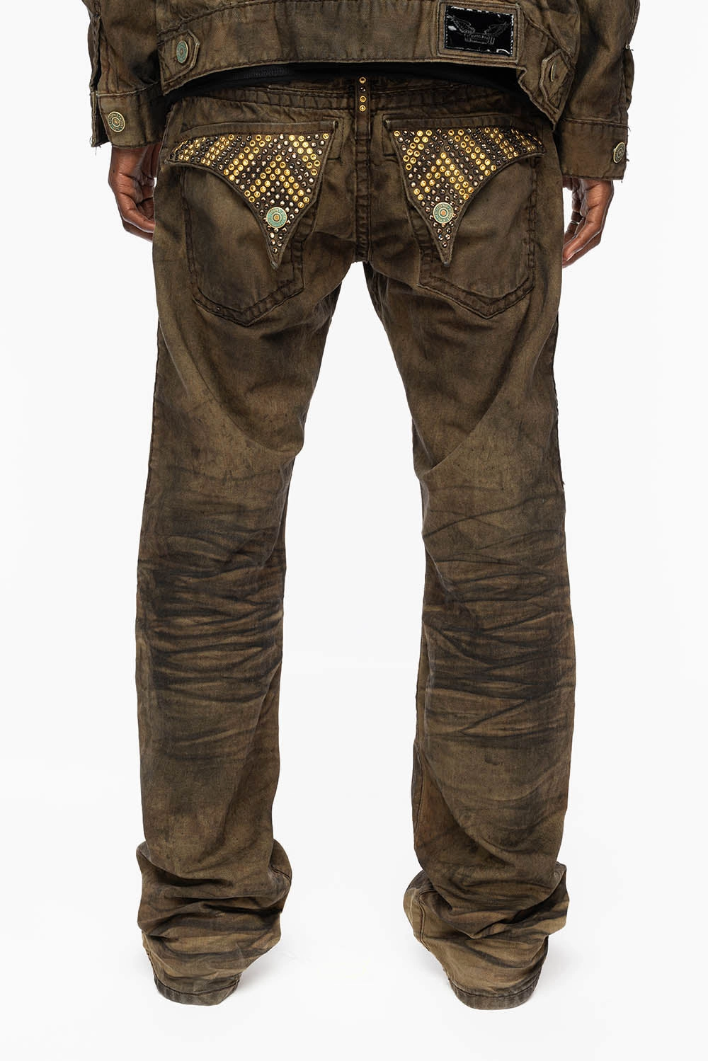 standard fit High Quality Holiday Vibes Winter Warmth MENS LONG FLAP  BOOT CUT JEANS WITH CRYSTALS IN FASHION VINTAGE BROWN