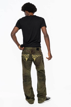 Garment Dyed Technique Student Outfit Streetwear Fan MENS LONG FLAP  BOOT CUT JEANS WITH  CRYSTALS IN FASHION VINTAGE GREEN