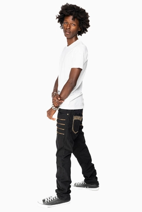 MENS MOTORCYCLE ZIPPER SLIM JEANS IN BLACK WITH STUDS AND CRYSTALS Daily Go