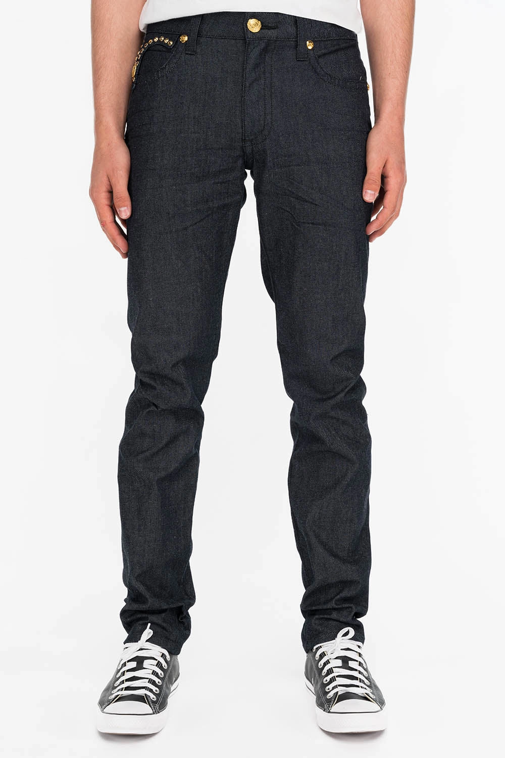 MENS RAW DENIM SLIM FIT KILLER FLAP JEANS WITH GOLD WINGS AND CRYSTALS Autumn Days Family Style Eco Friendly Plain Favorite