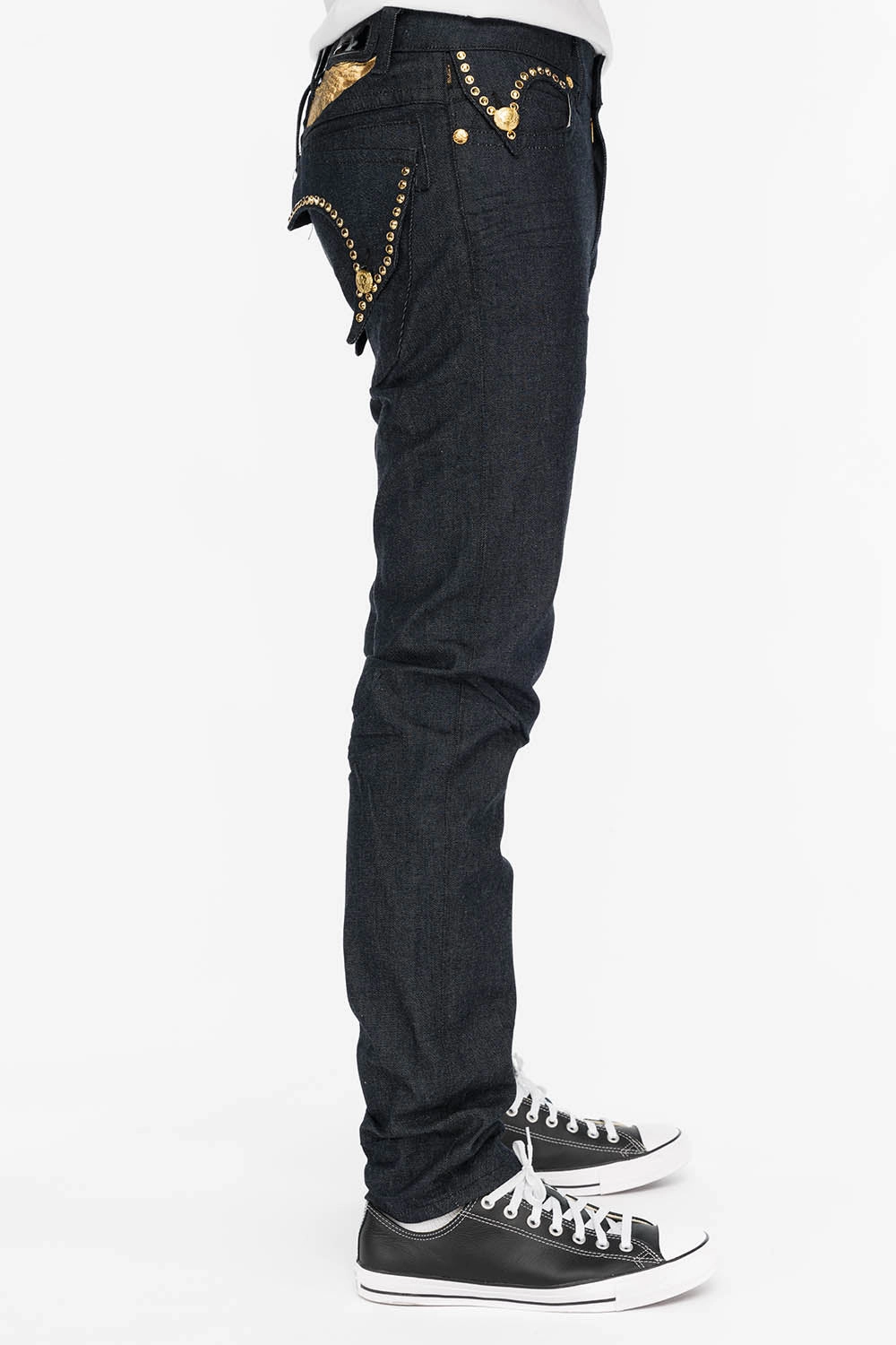 Softened Fabric Eco Friendly Night Out MENS RAW DENIM SLIM FIT KILLER FLAP JEANS WITH GOLD WINGS AND CRYSTALS