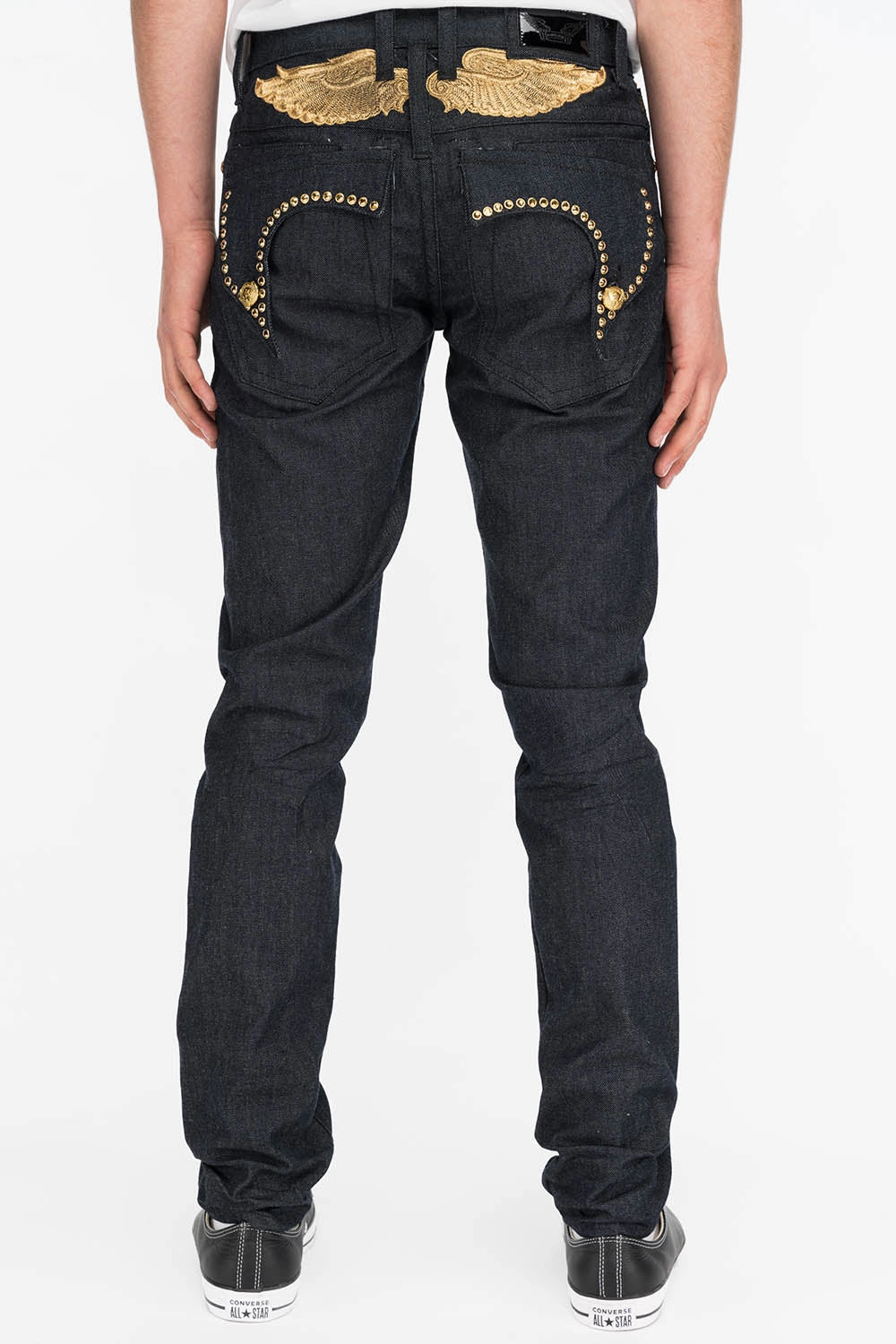 Fashion Lover Versatile On The Go MENS RAW DENIM SLIM FIT KILLER FLAP JEANS WITH GOLD WINGS AND CRYSTALS