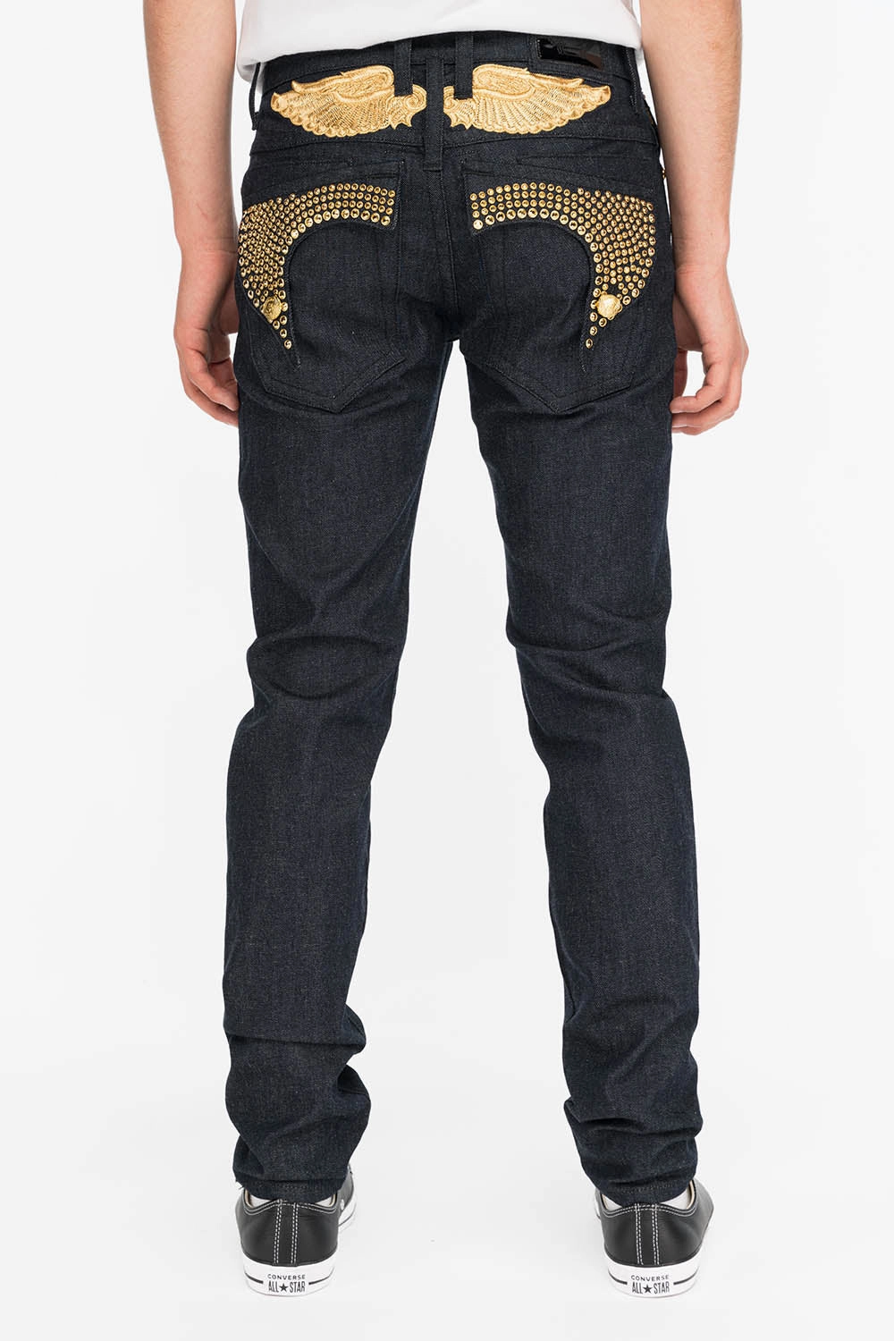 MENS RAW DENIM SLIM FIT KILLER FLAP JEANS WITH GOLD WINGS AND CRYSTALS Common Outfit