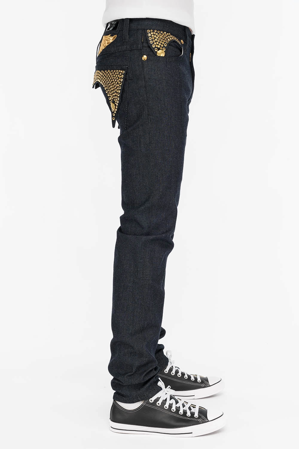 Effortless Look MENS RAW DENIM SLIM FIT KILLER FLAP JEANS WITH GOLD WINGS AND CRYSTALS