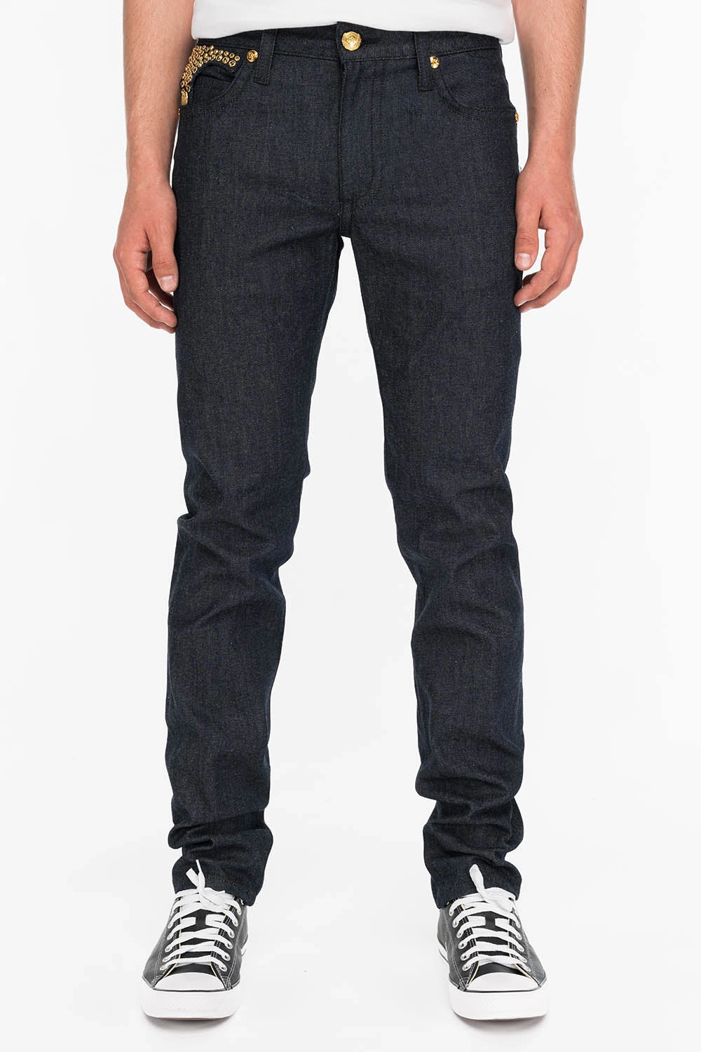 MENS RAW DENIM SLIM FIT KILLER FLAP JEANS WITH GOLD WINGS AND CRYSTALS Affordable Beach Day Universal Style