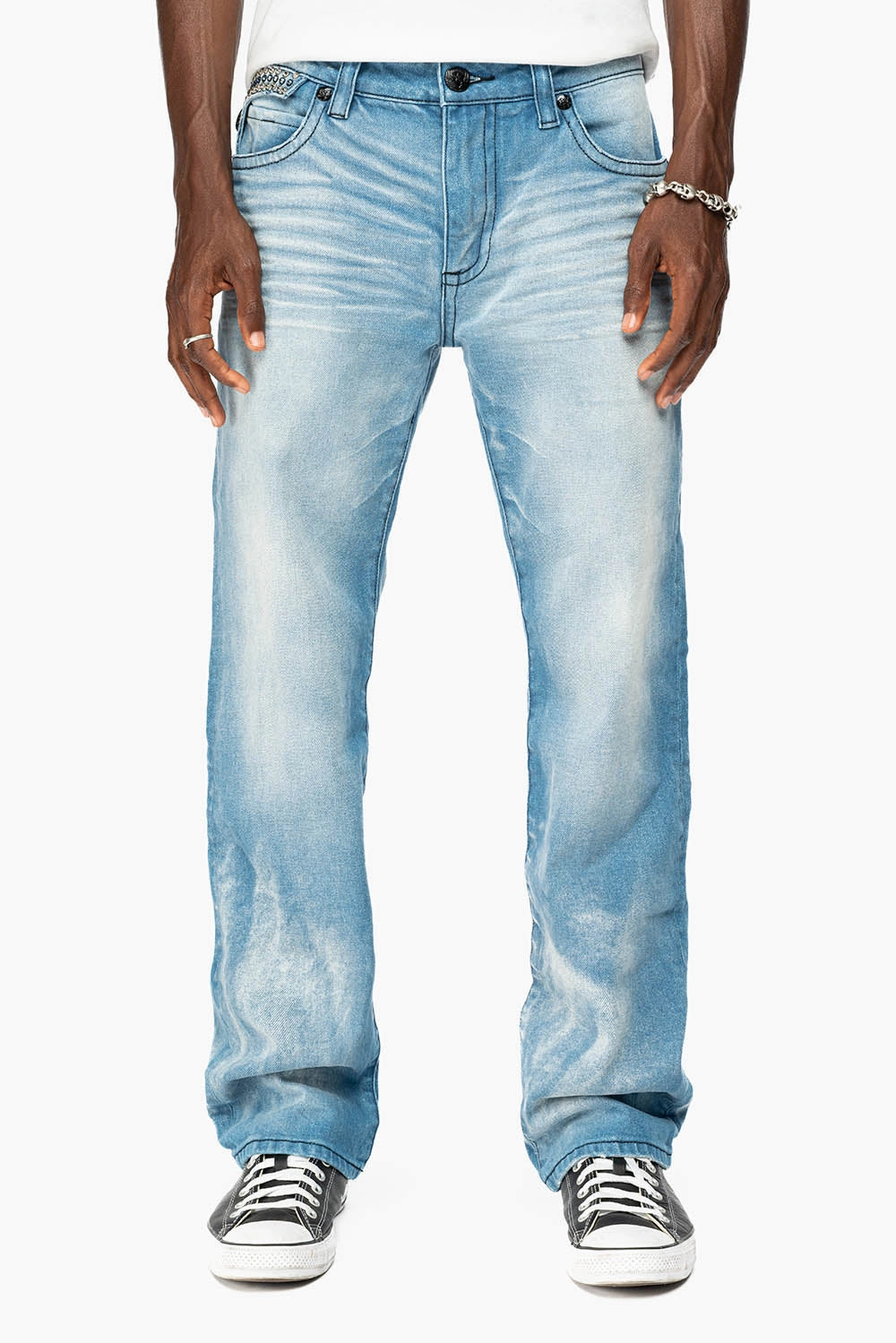 MENS STRAIGHT LEG JEAN IN OMAHA LIGHT BLUE WASH EMBELLISHED WITH CLEAR AND SAPPHIRE  CRYSTALS comfortable length