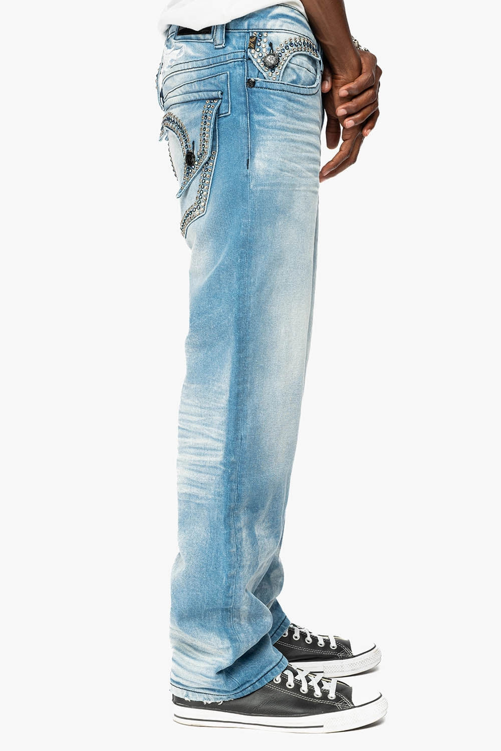MENS STRAIGHT LEG JEAN IN OMAHA LIGHT BLUE WASH EMBELLISHED WITH CLEAR AND SAPPHIRE  CRYSTALS Multi Season Piece Thermal Regulating Fabric
