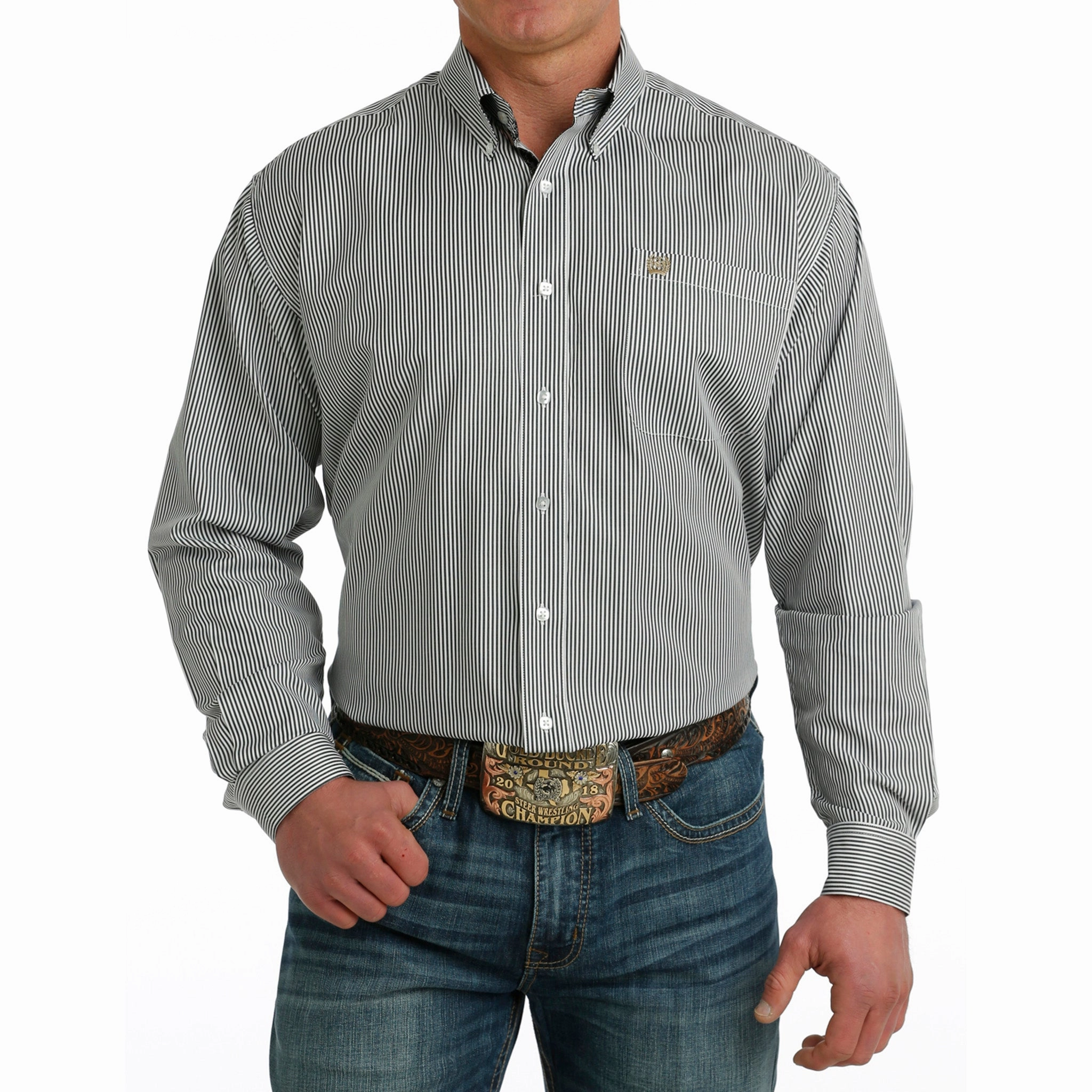 Flexible Material Cinch Men's Stripe White Long Sleeve