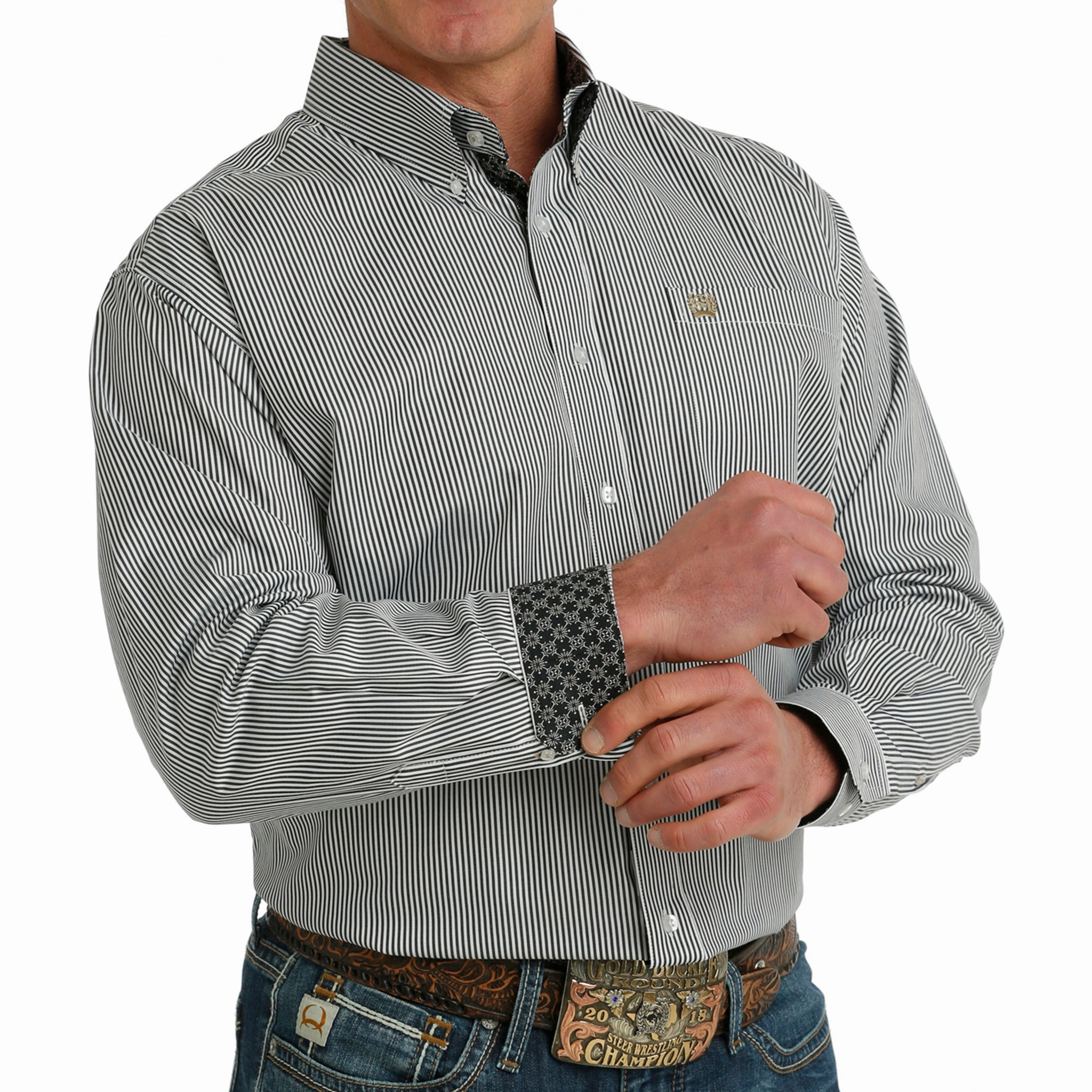 Cinch Men's Stripe White Long Sleeve Structured Collar