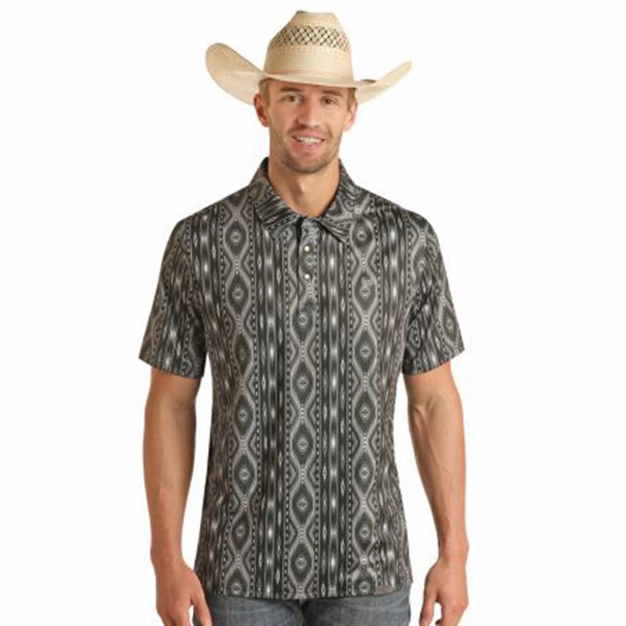 Customizable Design Cultural Inspired Panhandle Men's Charcoal Aztec Stripe Polo