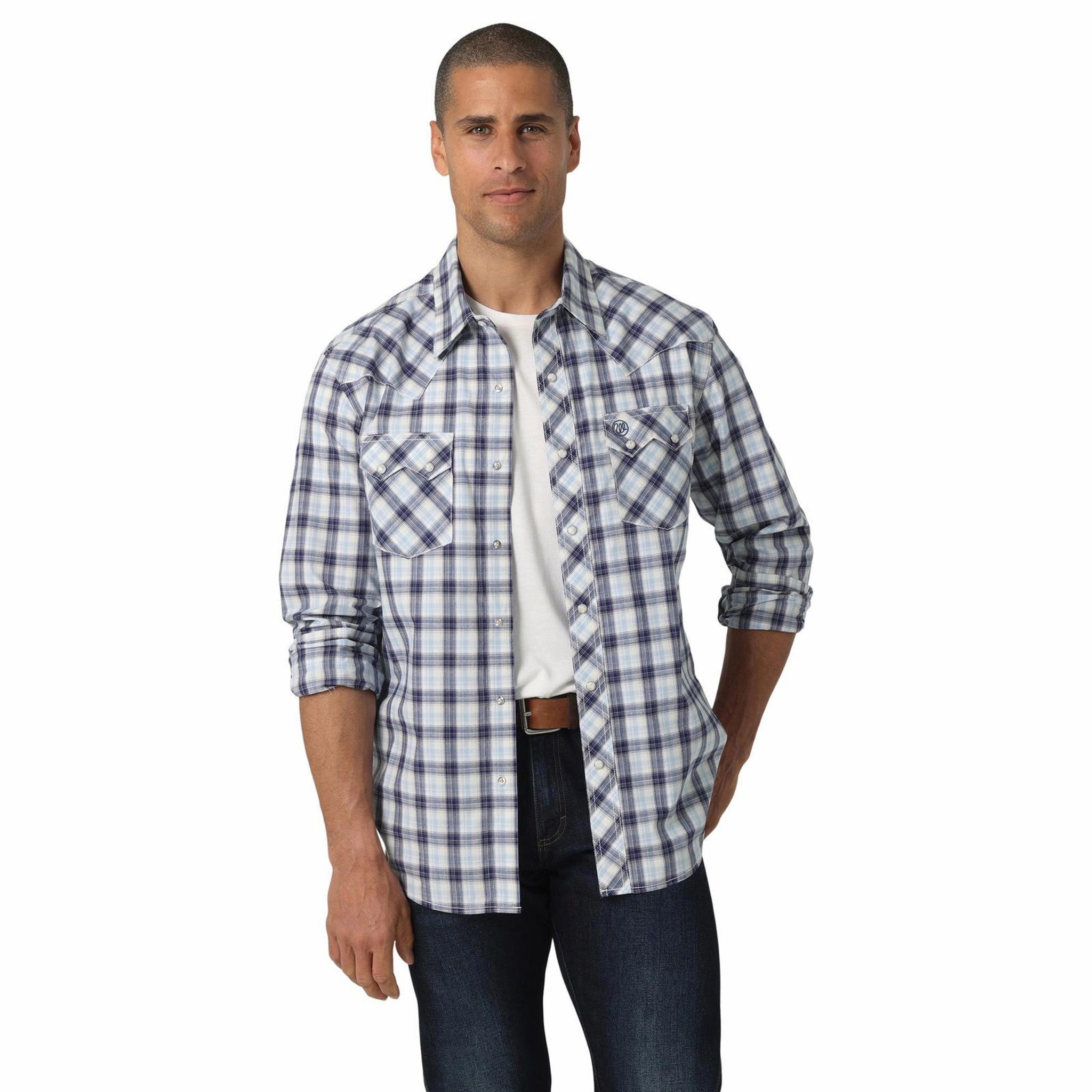 Smooth Zipper Design Tagless label Wrangler Men's Navy Blue Plaid Shirt