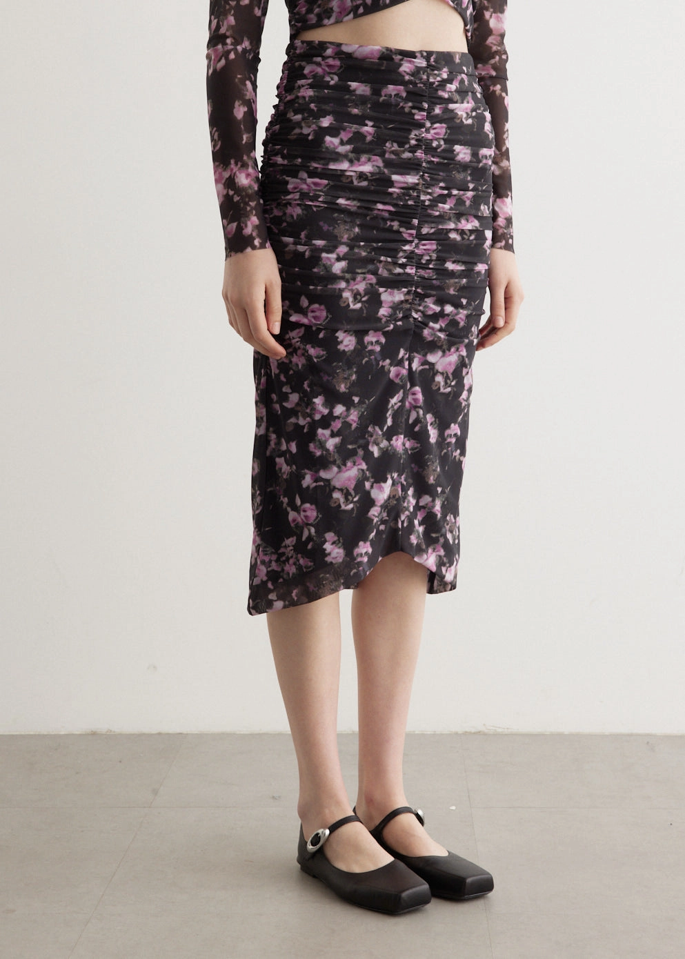 Mesh Ruched Midi Skirt Hidden pockets Layered Structure