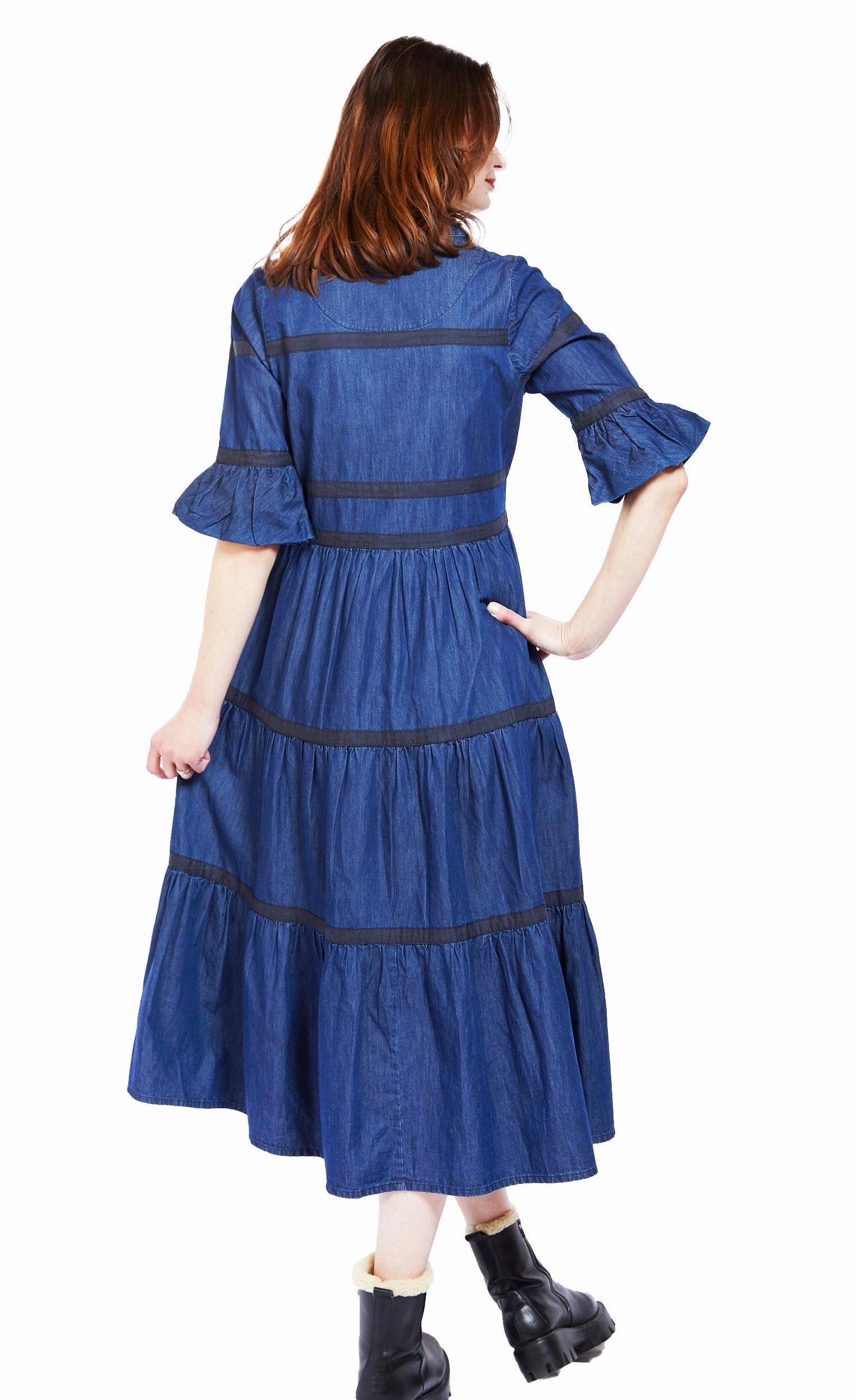 Miami Midi Dress - Denim With Black Ribbon Trim Pose Glow Stylish Design